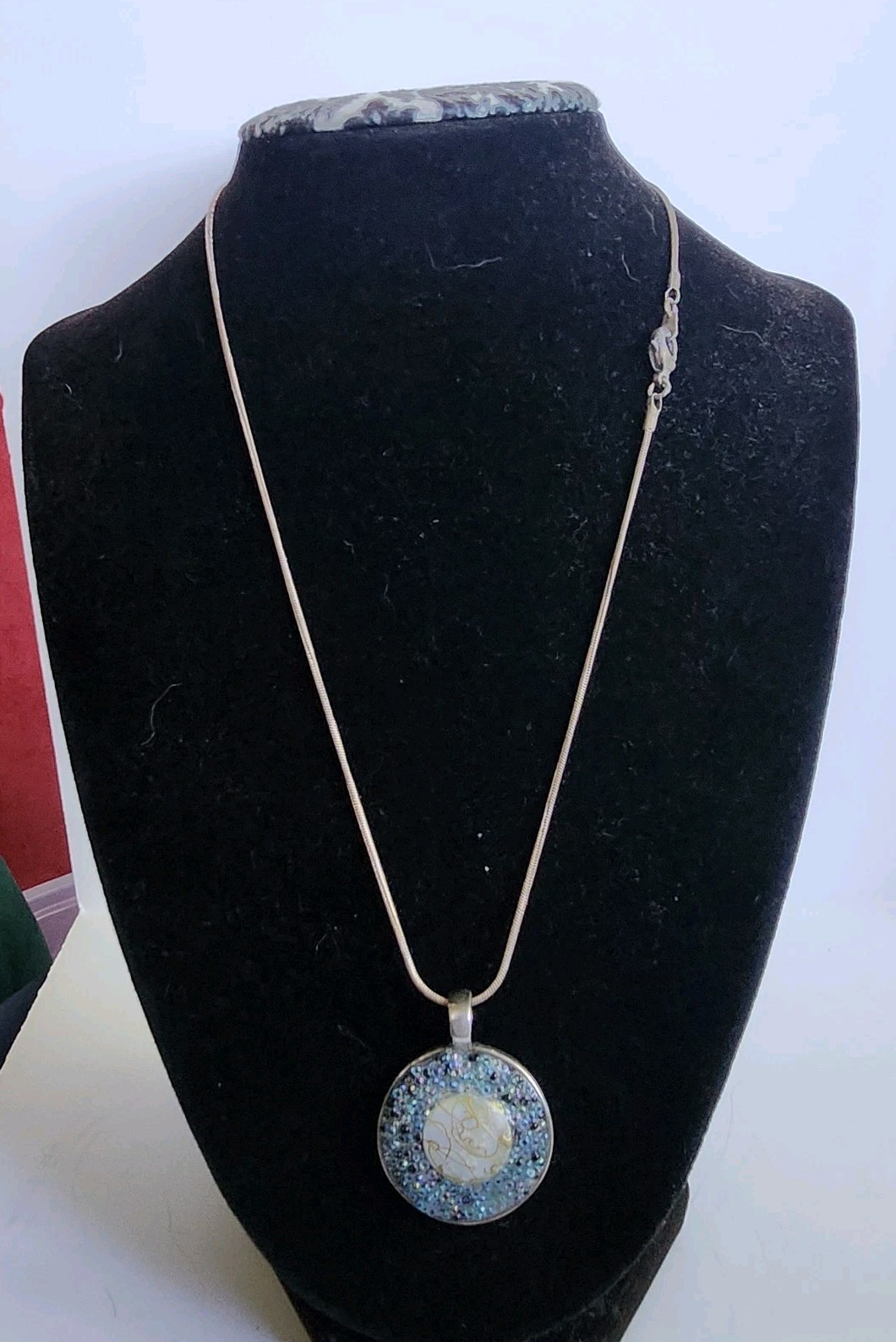 Silver Metal Handcrafted Pendant Blue Glass Beads Pearlescent Center w Goldtone