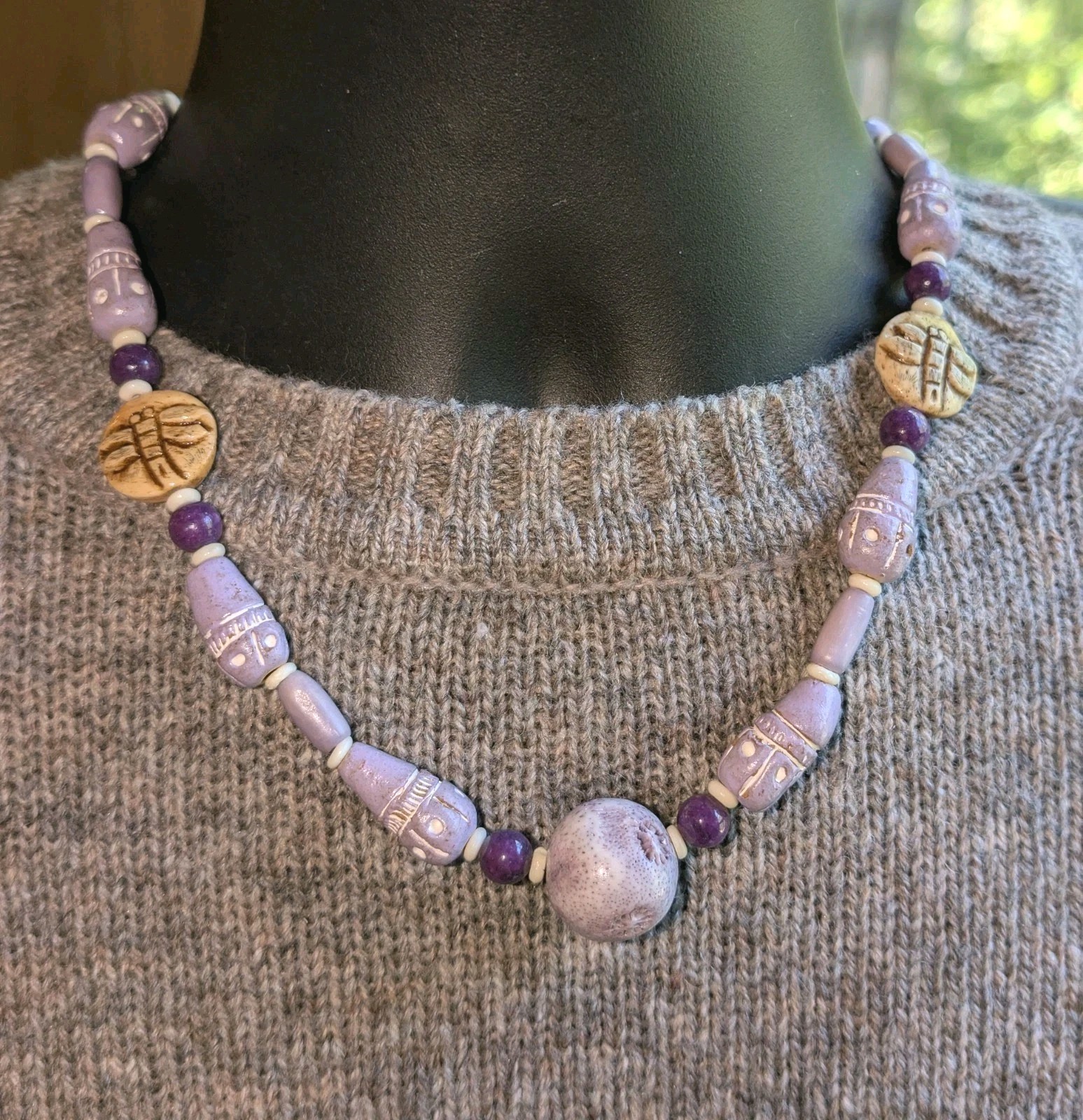 Women’s Purple Tribal Necklace,Lavender Coral,Lavender Clay Dragonfly Bone Beads