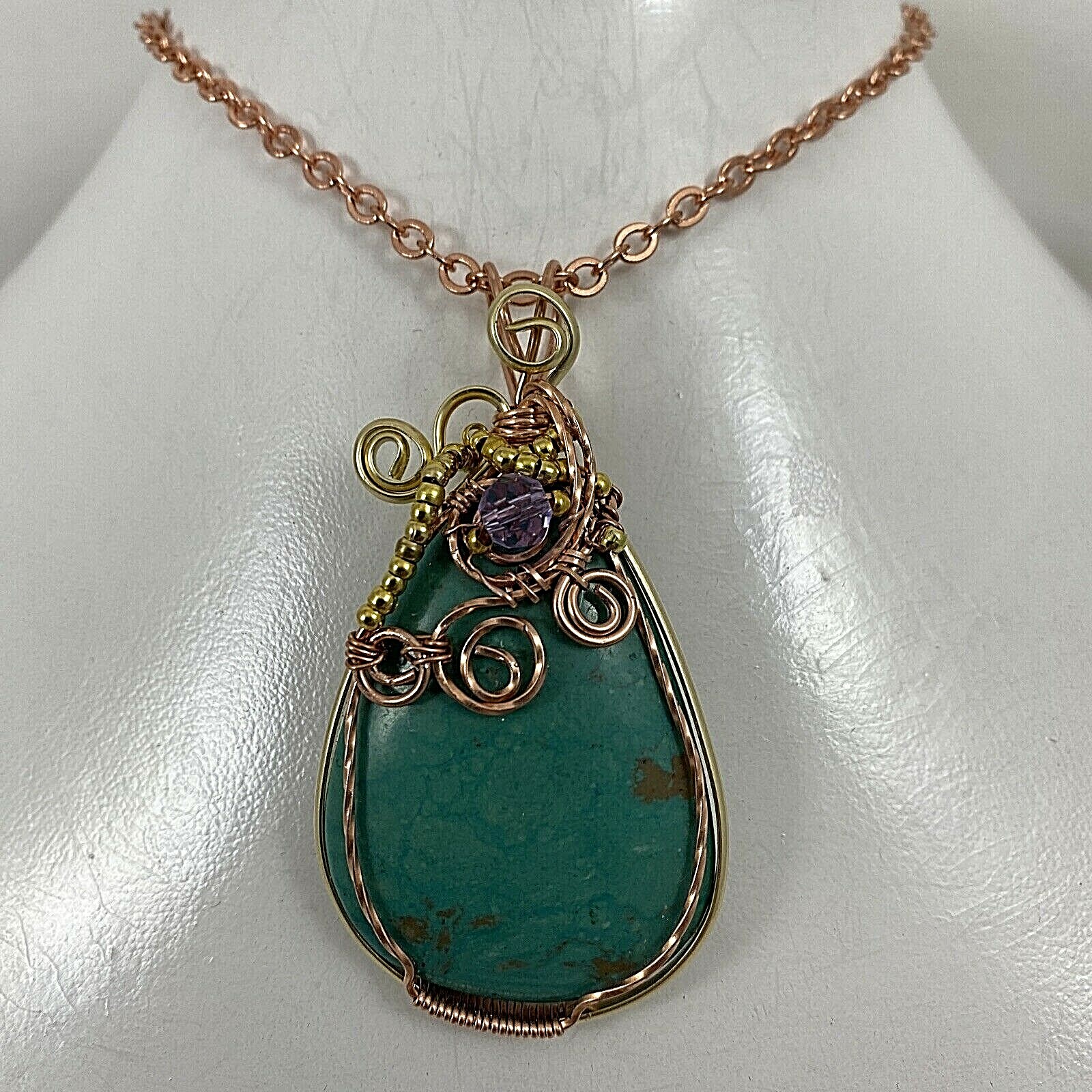 Handmade Copper Wire Wrap 1 1/2″ x 2 3/4″ Turquoise Pendant #228 18″ Chain