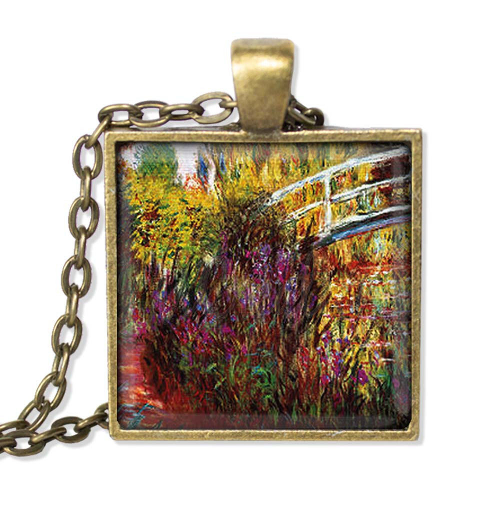 Claude Monet’s Japanese Bridge – Handmade SQUARE Glass Pendant Necklaces