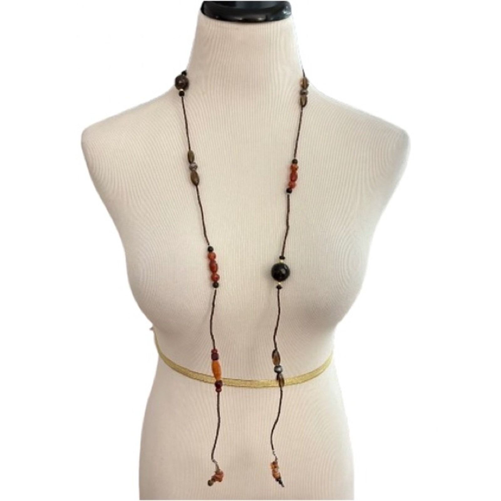 Women’s Handmade Vintage Long Beaded Strand Necklace in Brown and Rust Tones.