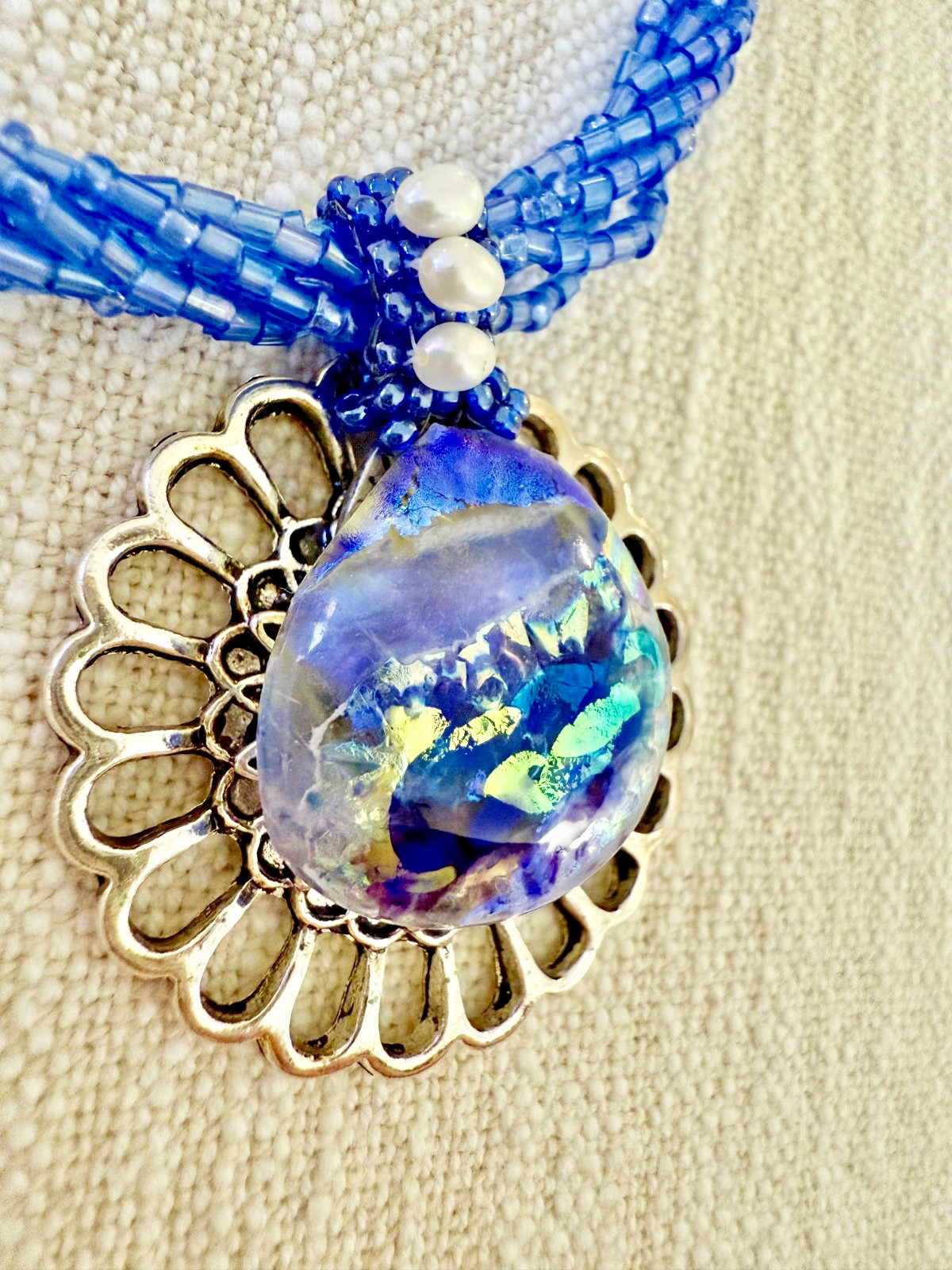 Dichroic Fused Glass Freshwater Pearl and Kumihimo Blue and Periwinkle Necklace
