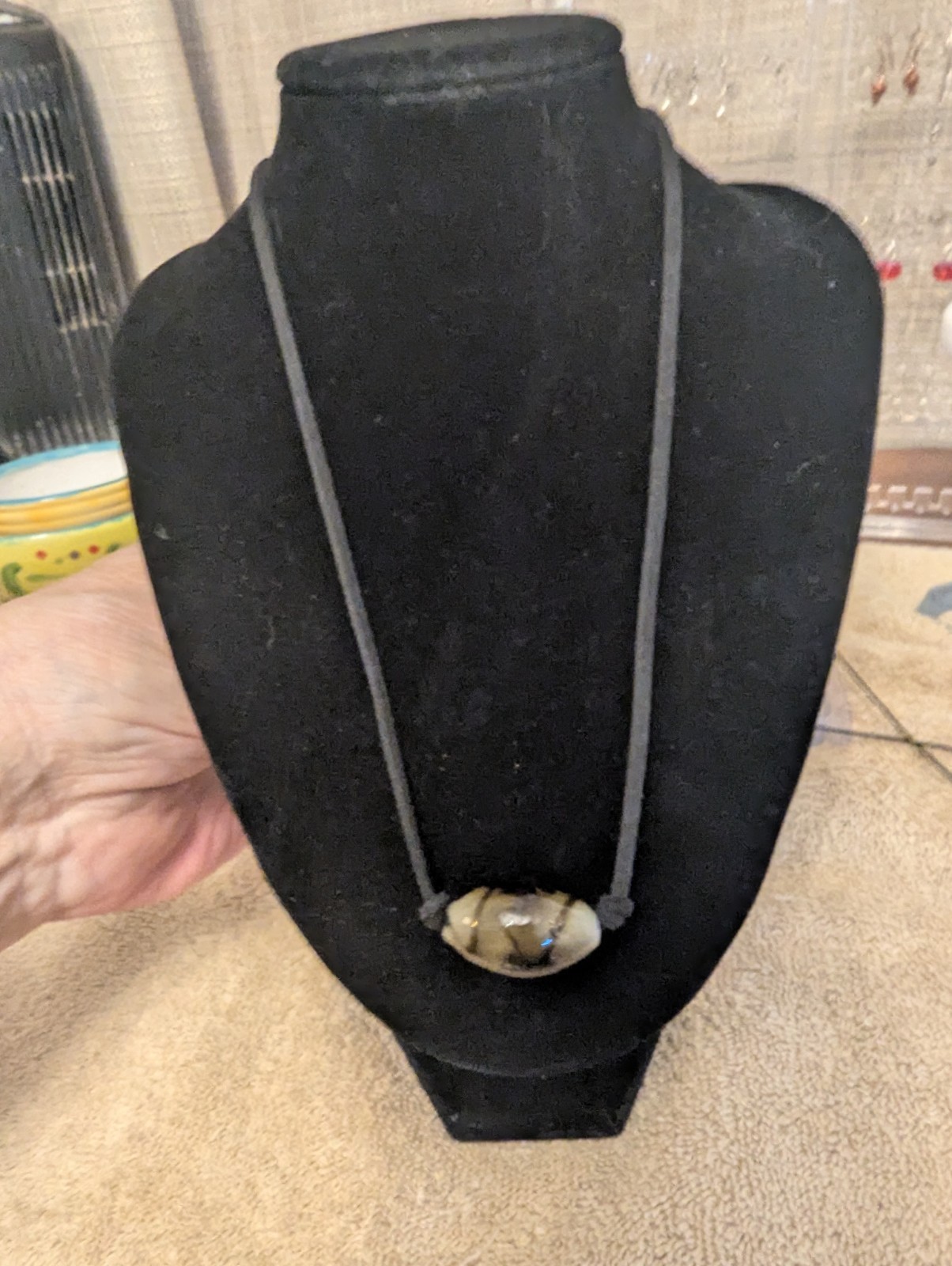 Handcrafted Agate Oval Pendant Cord Necklace Brown Black White Bohemian Amulet