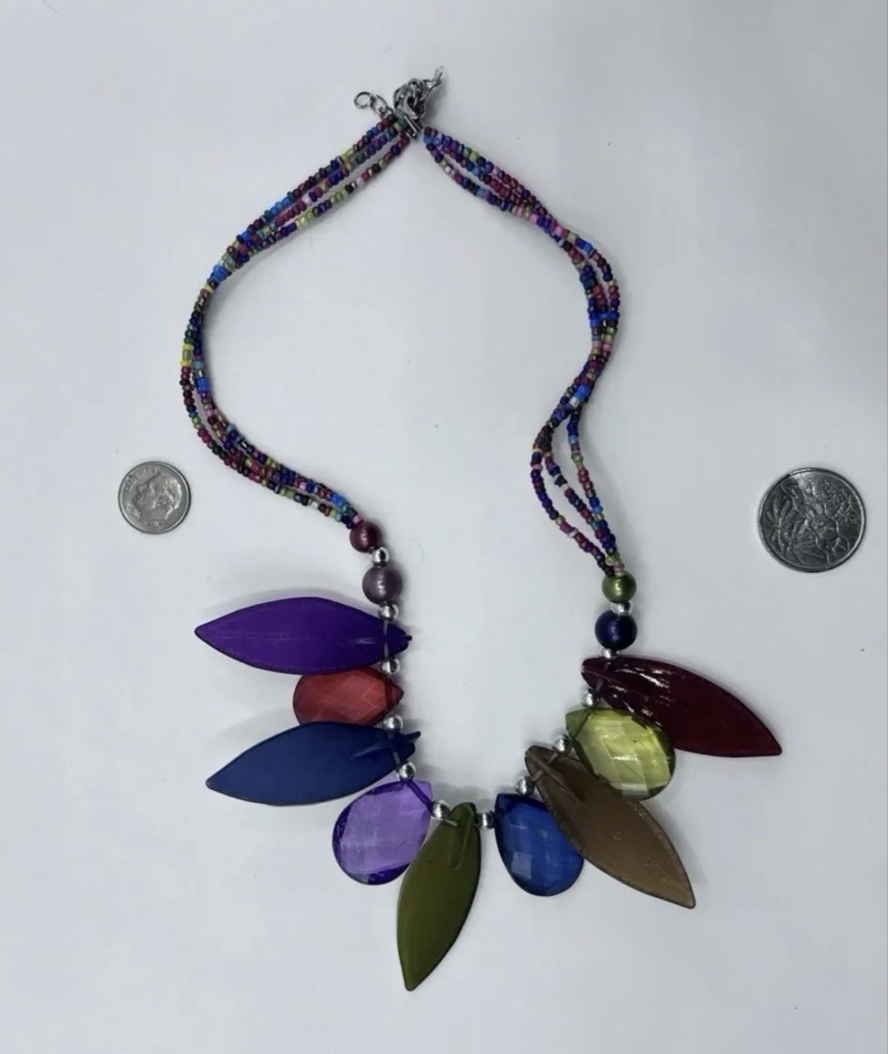 Artisan Multi-Strand Statement Necklace Large Colorful Leaf Resin Shell Pendants