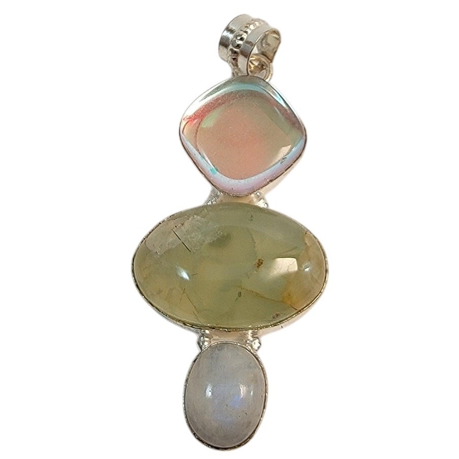 Necklace Pendants Prehnite Moonstone Pearl Handmade Jewelry in Sterling Silver