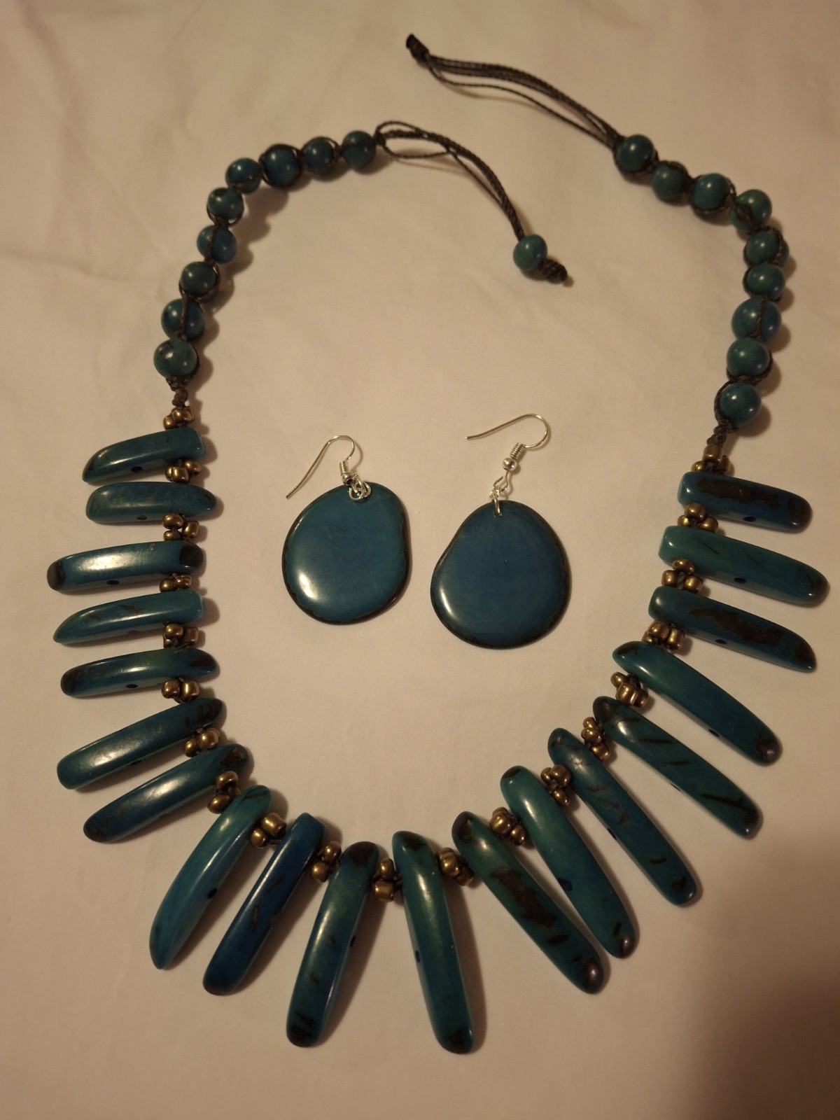 TAGUA Nut NECKLACE, ACAI SEED organic Jlry Blue, Bronze Beads handmade ECUADOR