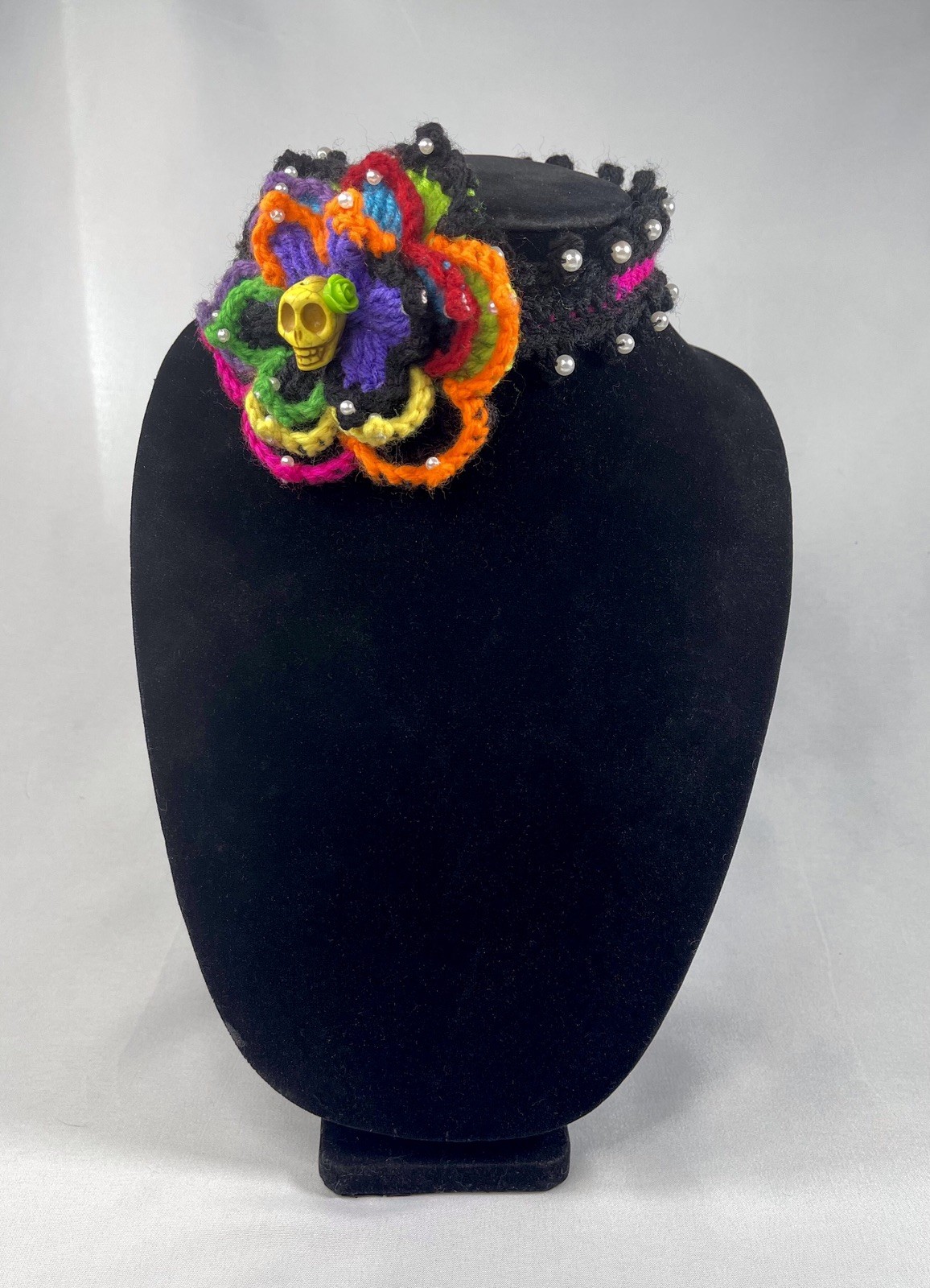 Day Of The Dead Vtg Crochet Flower Sugar Skull Choker Necklace by Odythia