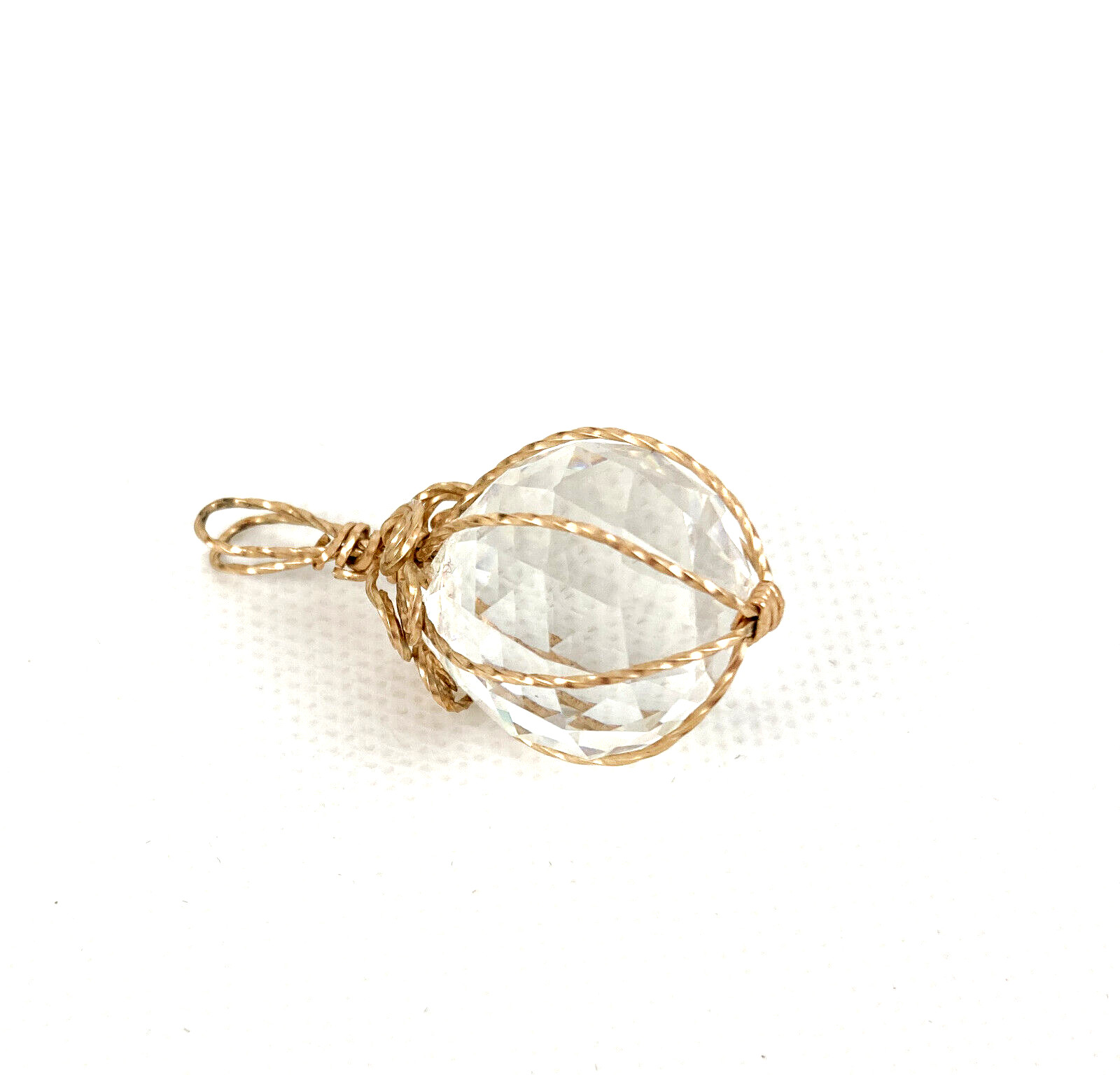 Round Clear Faceted Crystal Orb Gold Wire Wrapped Pendant