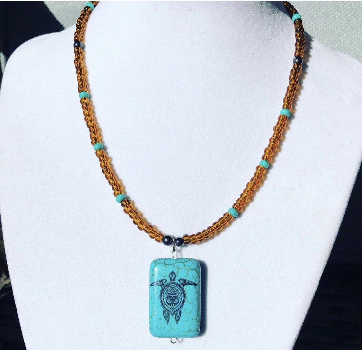 Sea Turtle Necklace Translucent Brown Glass Beads Turquoise Beads 18″ Necklace