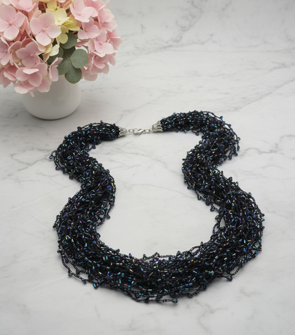 Blue Iridescent Crystal Beaded Crochet Necklace 21 Strand Statement 31 In
