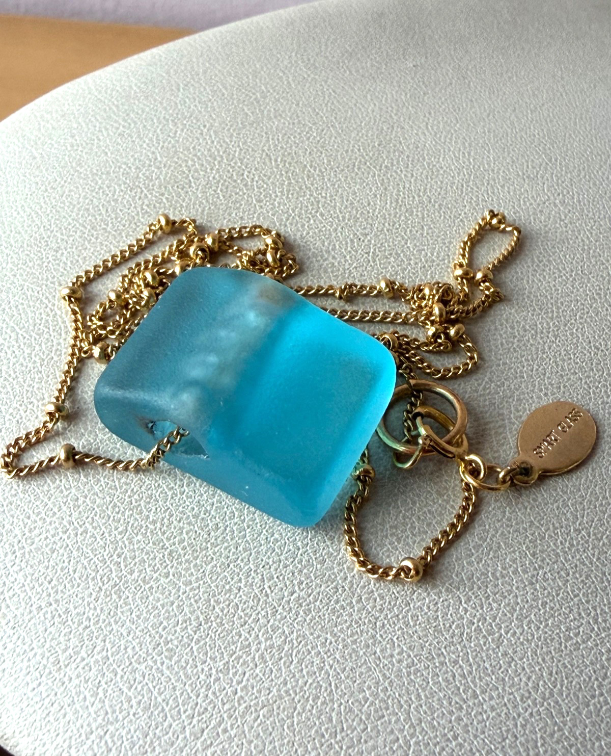 14K Yellow Gold Filled GF Turquoise Blue Sea Glass Necklace Smart Glass Designer
