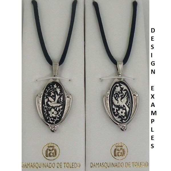 Damascene Silver Dove of Peace Design Oval Pendant Necklace Midas Toledo Spain