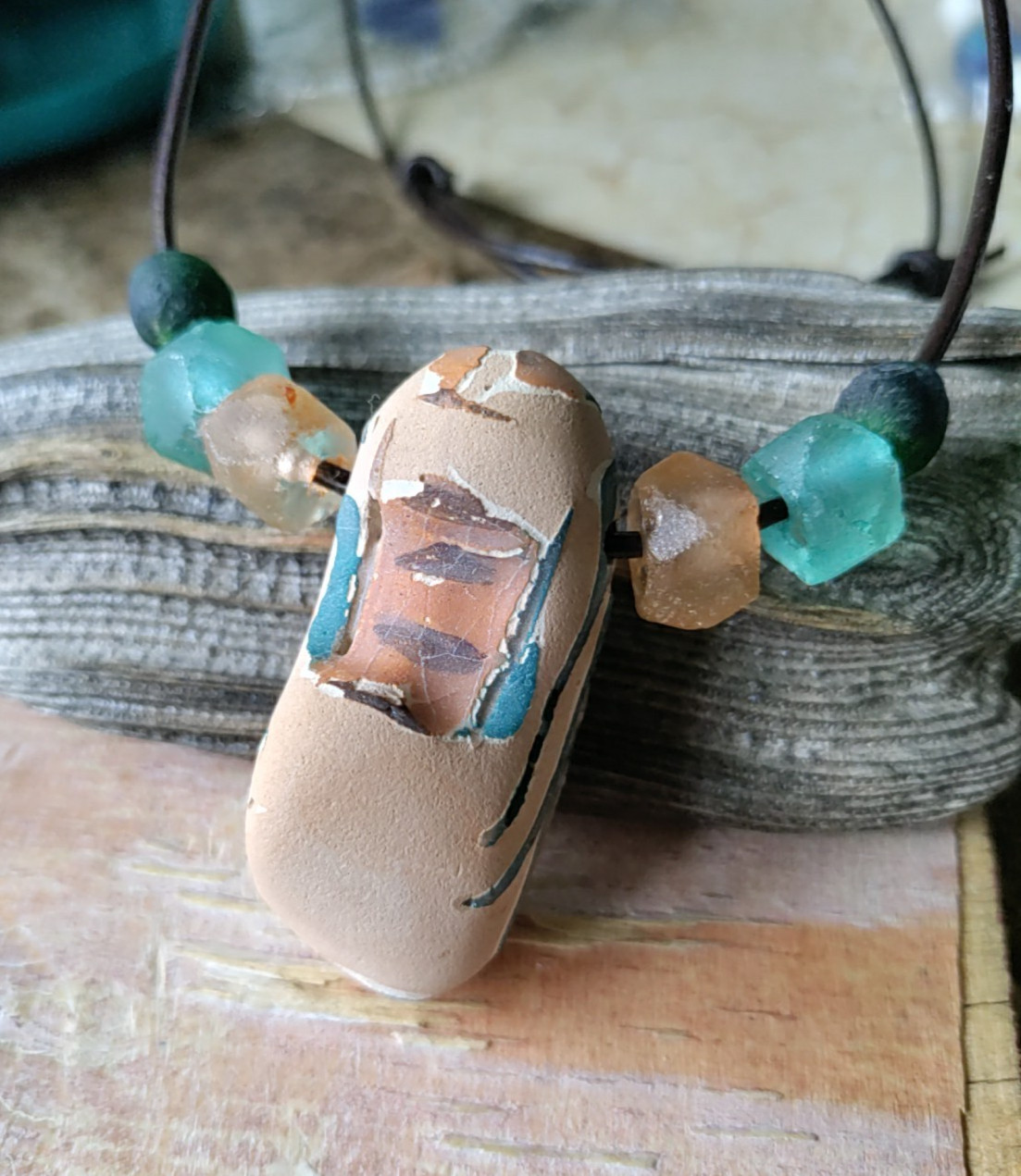 California Ocean Pottery Adjustable Leather Necklace Powder Glass Bead Men Women