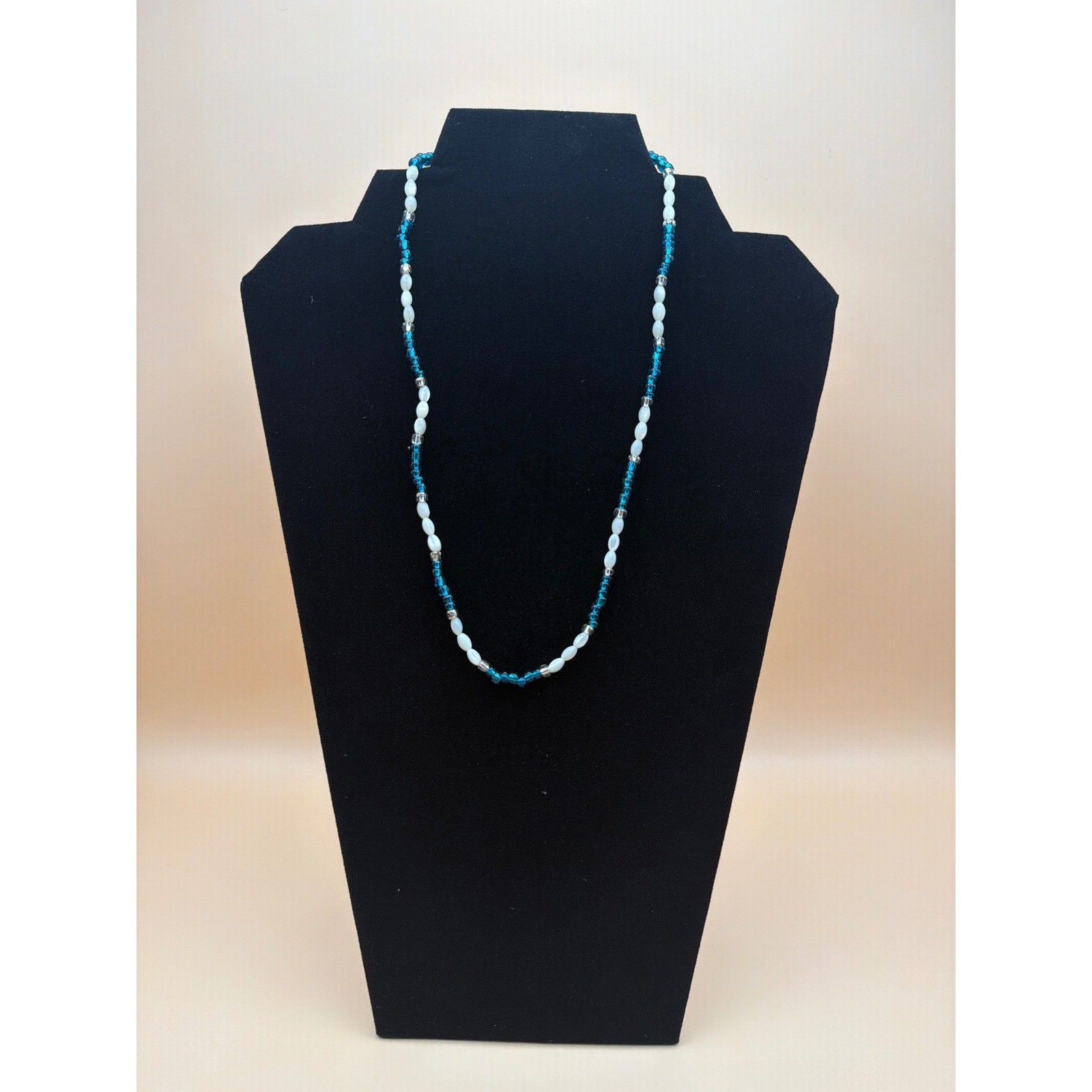 Handmade Teal Blue and White Beaded Necklace with Magnetic Clasp 18 Inch