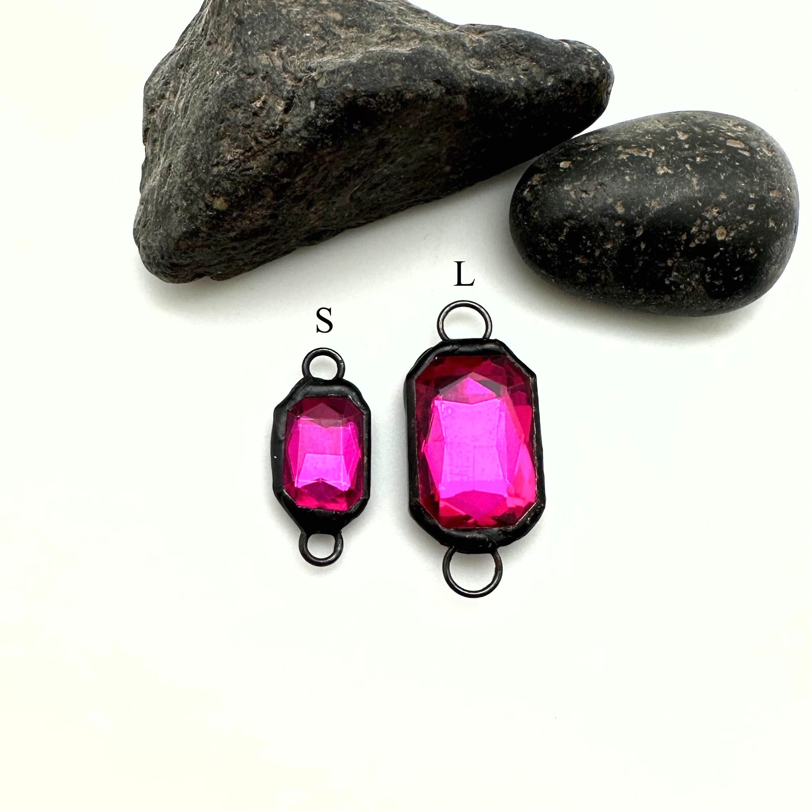 Rectangular Hot Pink Double Jump Ring Rhinestone Soldered Connector (SGP85)