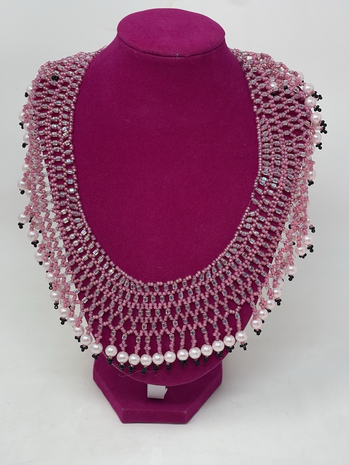 Handcrafted Beaded Bib Necklace with Pearls, Pink Button Closure
