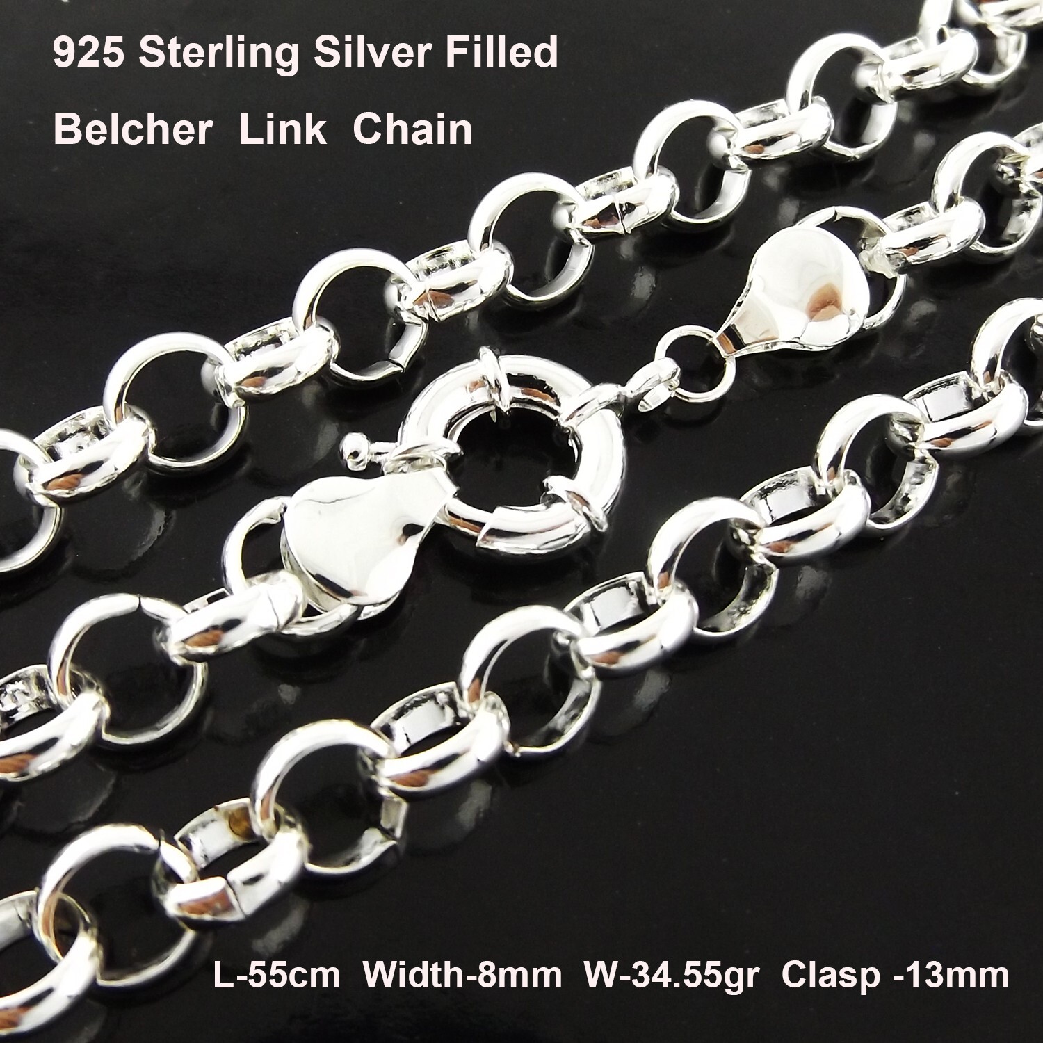 Necklace Real 925 Sterling Silver Filled Solid Belcher Rolo Boltring Chain 55cm