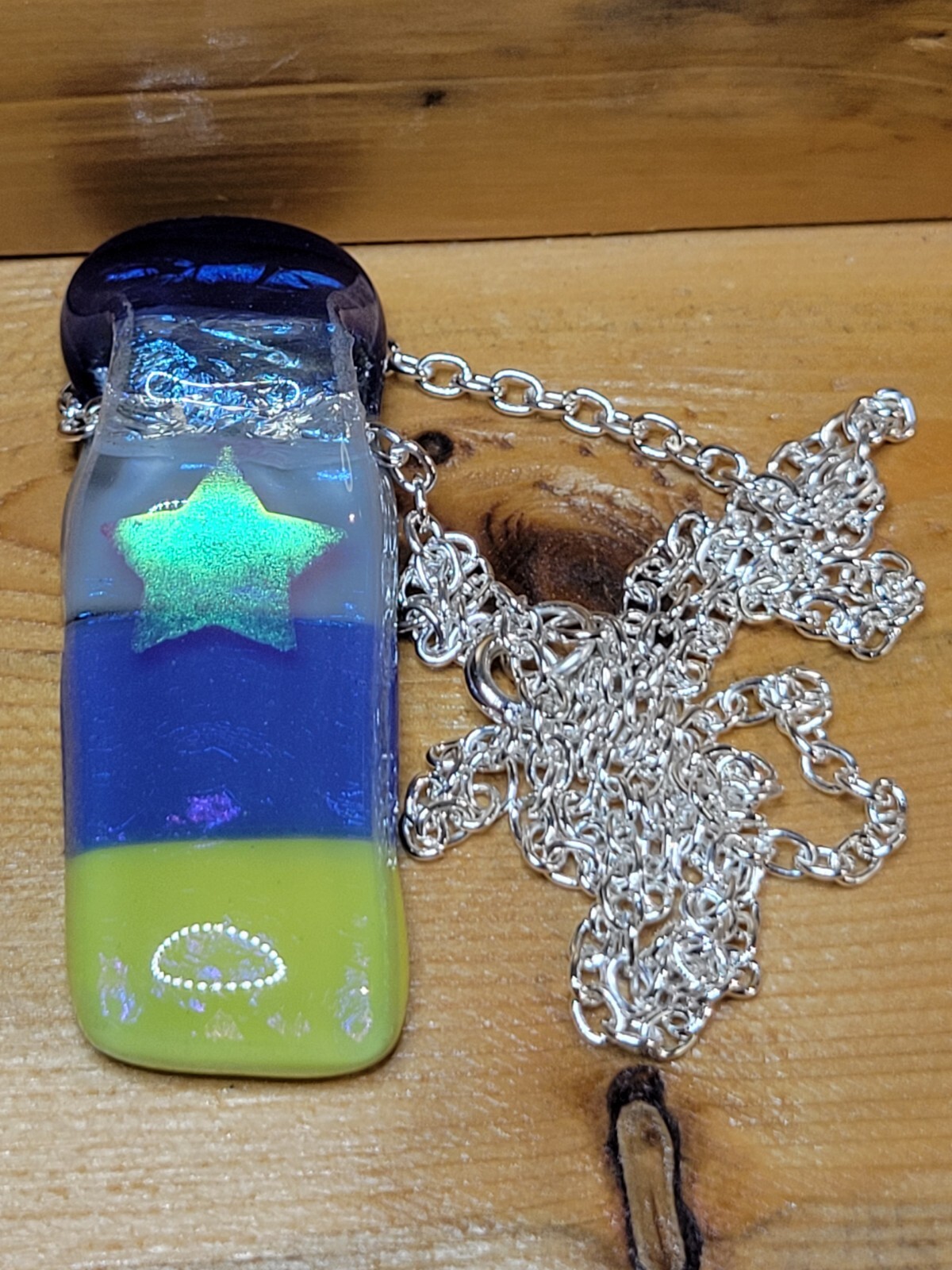 Handmade Navy Blue Yellow Fused Glass Pendant with Star by Lynn Smythe | FGP13