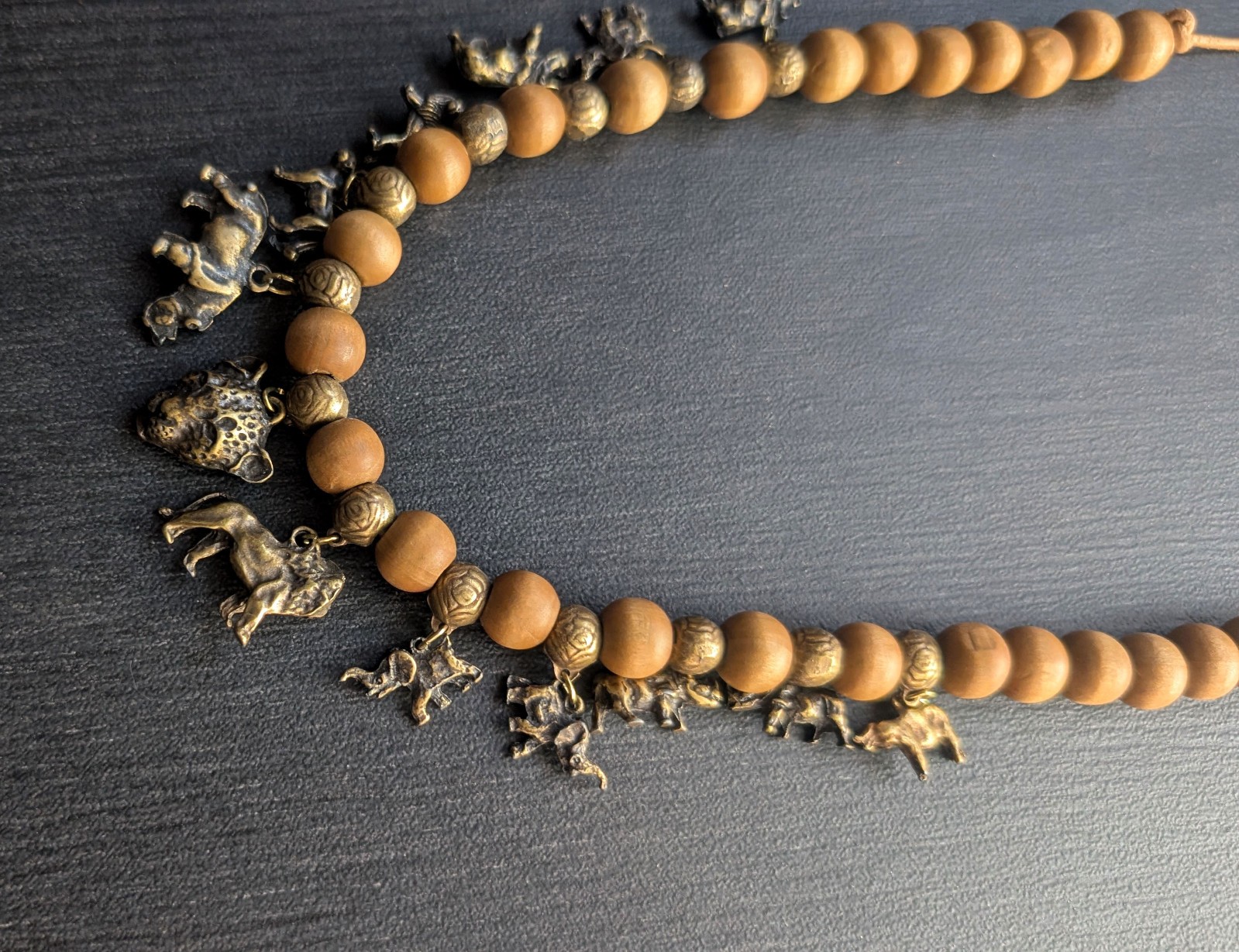 African Animal Charm Pendant Necklace Brass Lion Rhino Cheetah 24″ Handmade