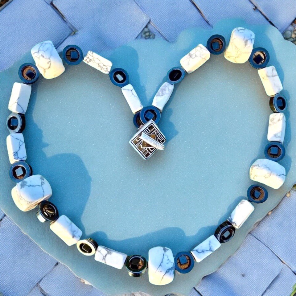 Artisan Chunky White w/ Gray Howlite & Hematite Necklace w/ Sterling Toggle