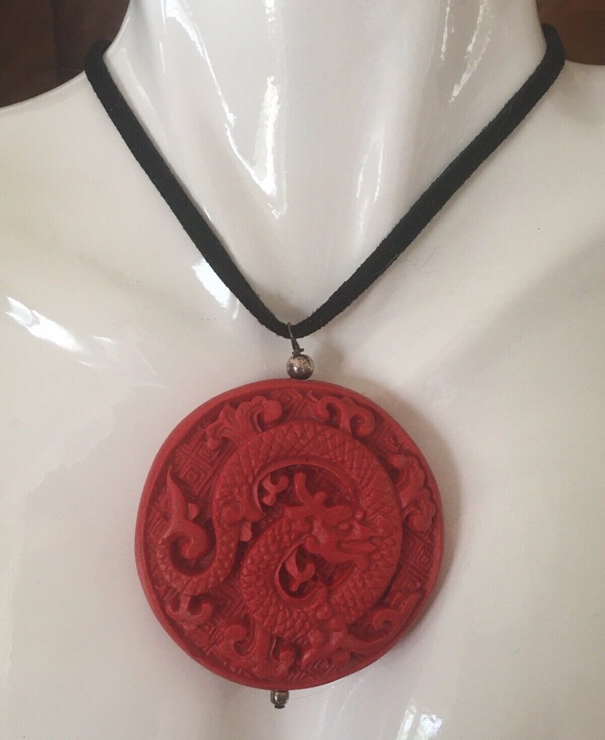 Sterling Silver Faux Red Cinnabar Double Sided Dragon Designer Resin Necklace
