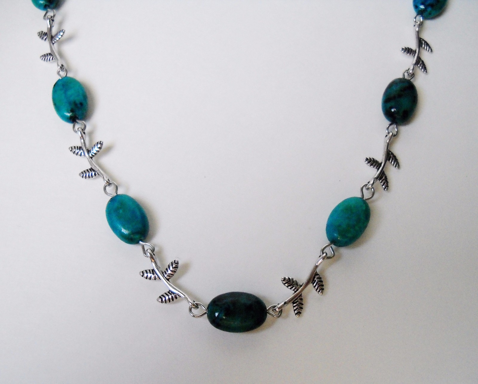 Teal Blue Aqua Necklace Stone Leaf Branch Beaded Handmade Silver Adjustable New