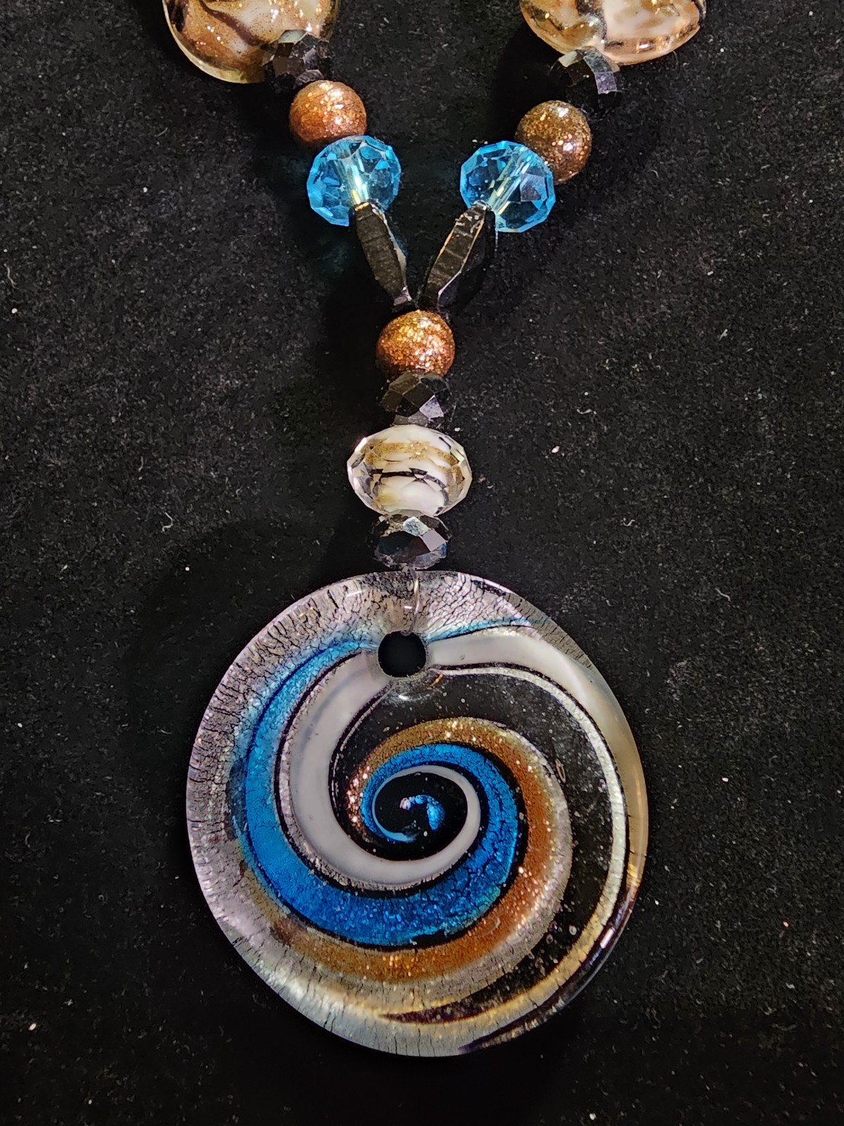 Artisan Glass Pendant Necklace Beaded Blue Black Copper Swirl Handmade