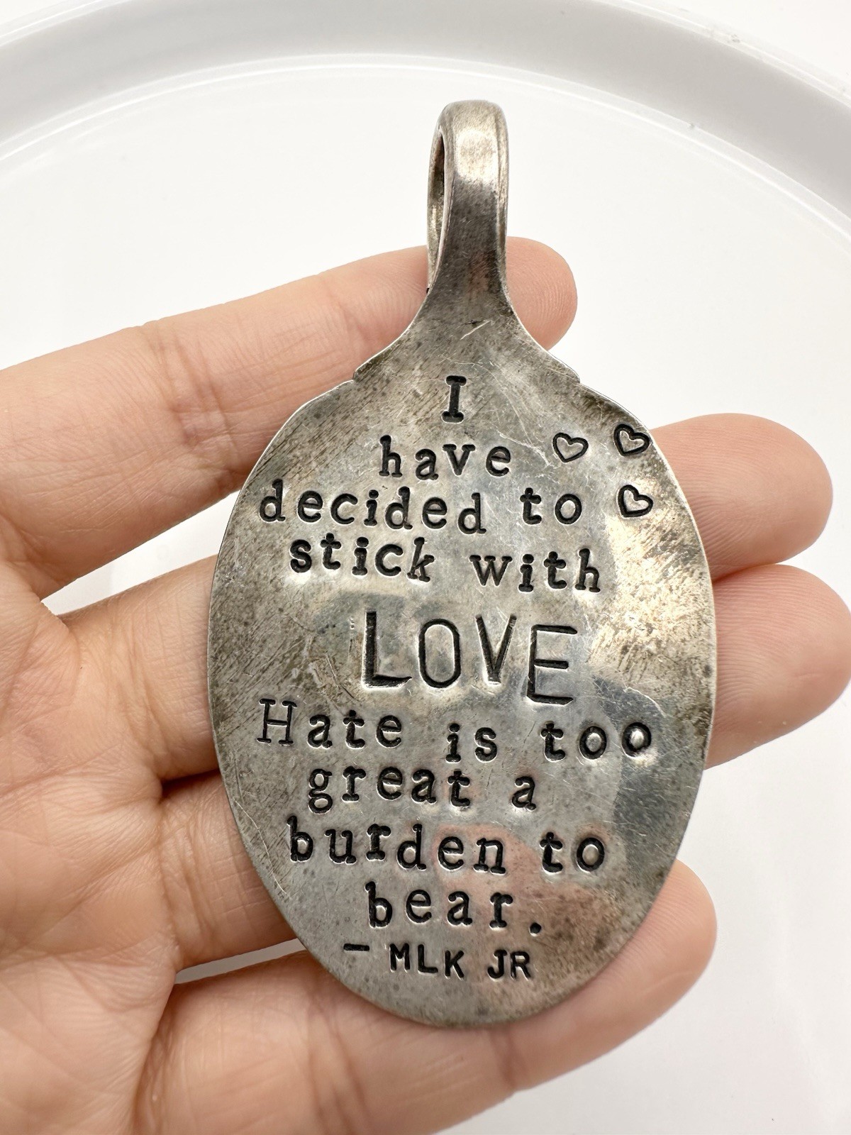 Oneida Spoon Shape Pendant Stamped Martin Luther King Jr Quote