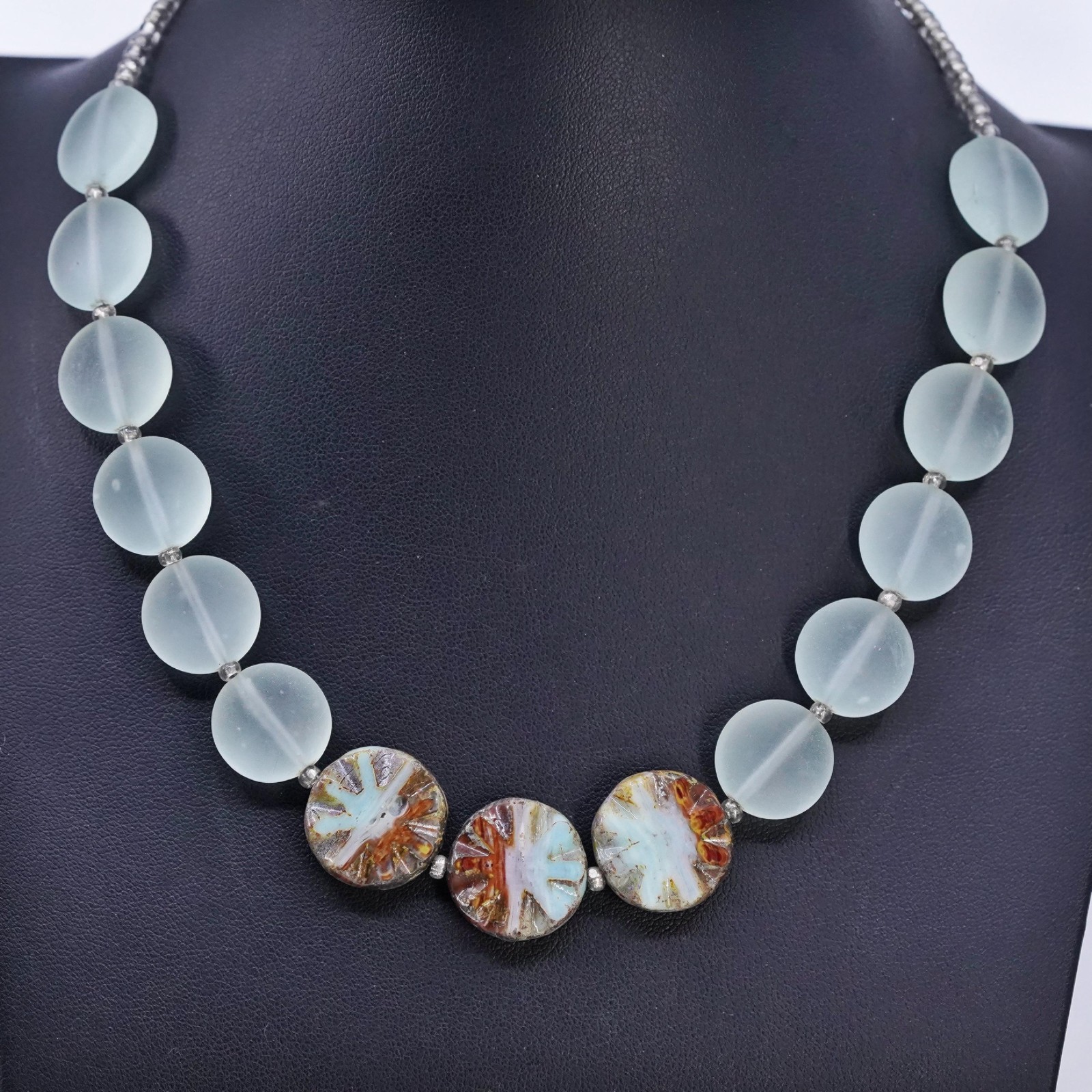 16″, Vintage Sterling Silver 925 necklace coin green glass beads agate pendant