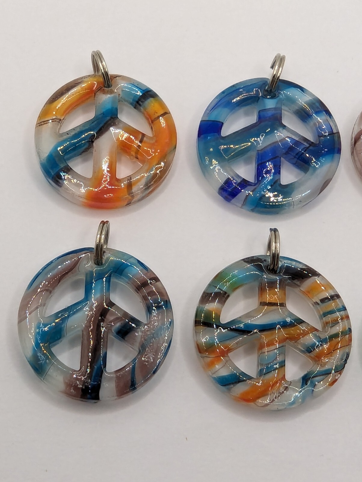 Glass Peace Sign Pendants. Lot of 10 Pendants. 1″ Diameter. Assorted Colors.