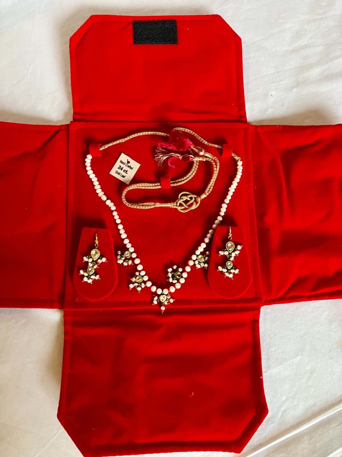 INDIAN INDIA ETHNIC HANDCRAFTED NECKLACE & EARRING SET Wedding Bridal RED VELVET