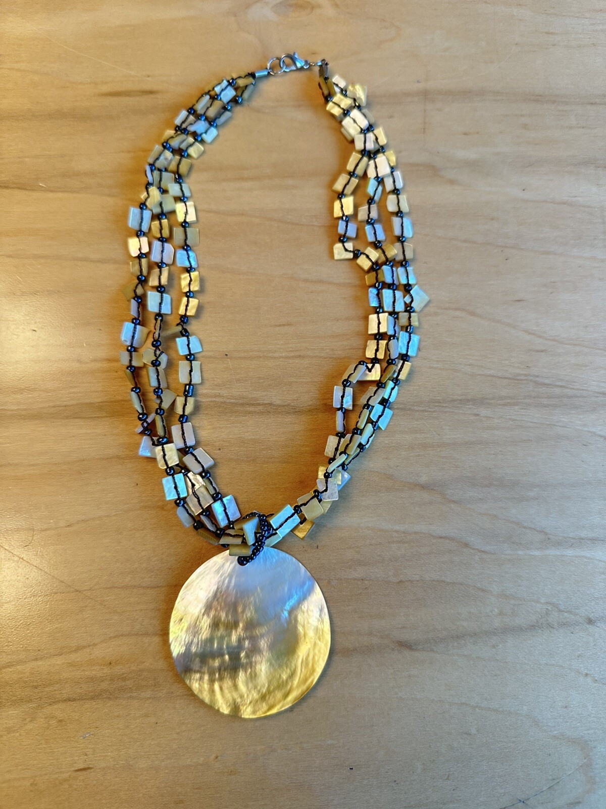 Golden Round Flat Shell Pendant with Long Cut Shell Beads Choker Necklace