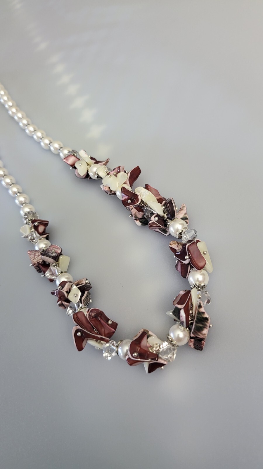 bead Cluster Necklace. Chip nugget white and pink shell bead