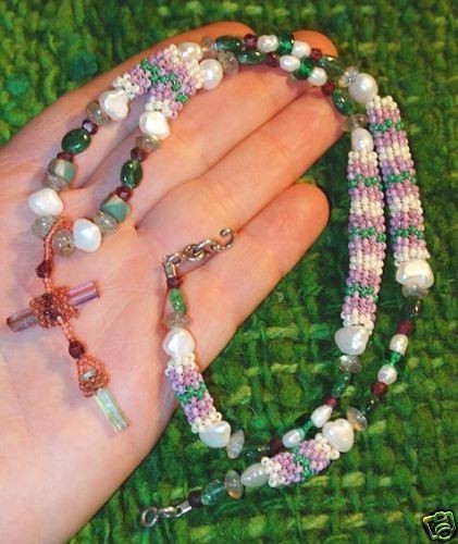 Necklace Peyote Stitch Beads W Pink Tourmaline Crystal & Emerald Crystal Pendant