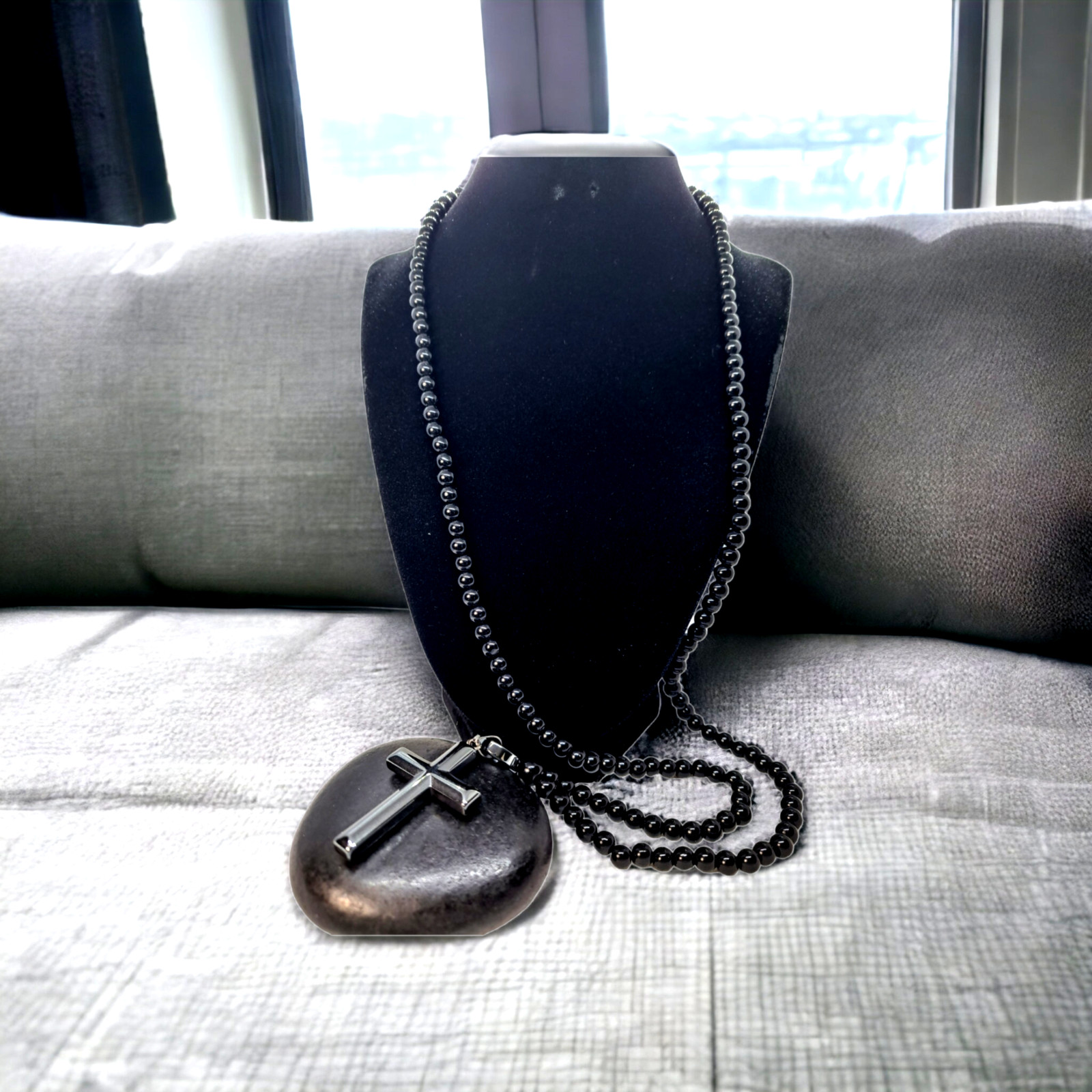 Black hematite cross long beaded necklace