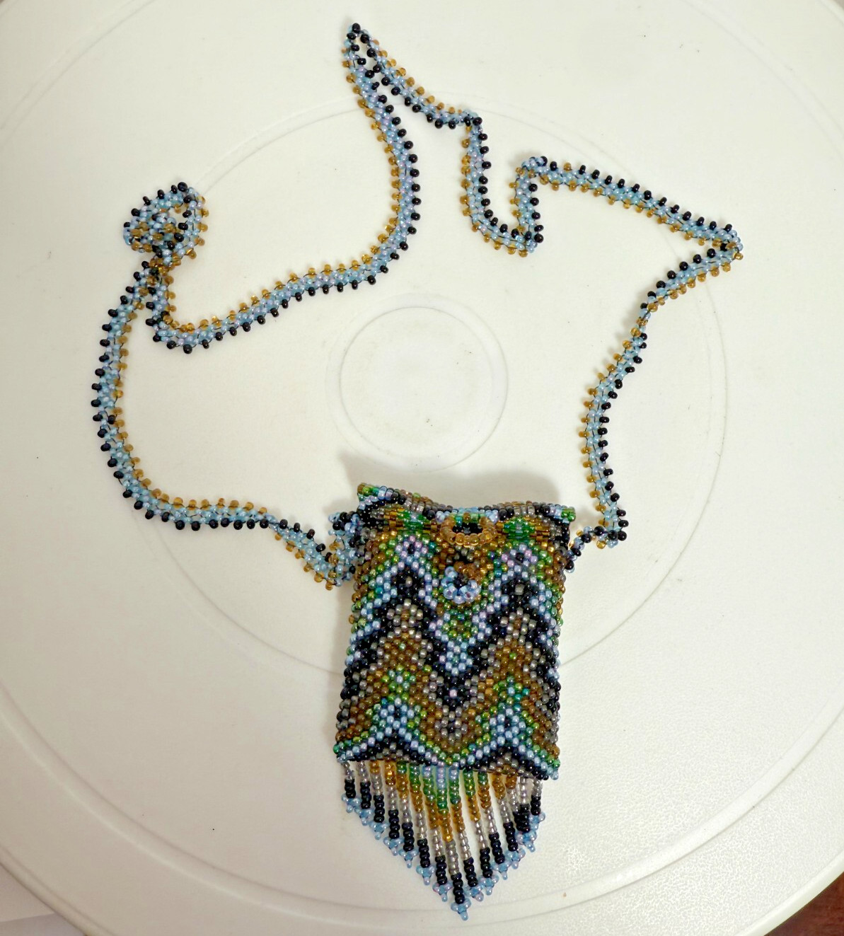 Vintage Blue Seed Bead Peyote Stitch Amulet Medicine Bag Pouch Necklace Fringed