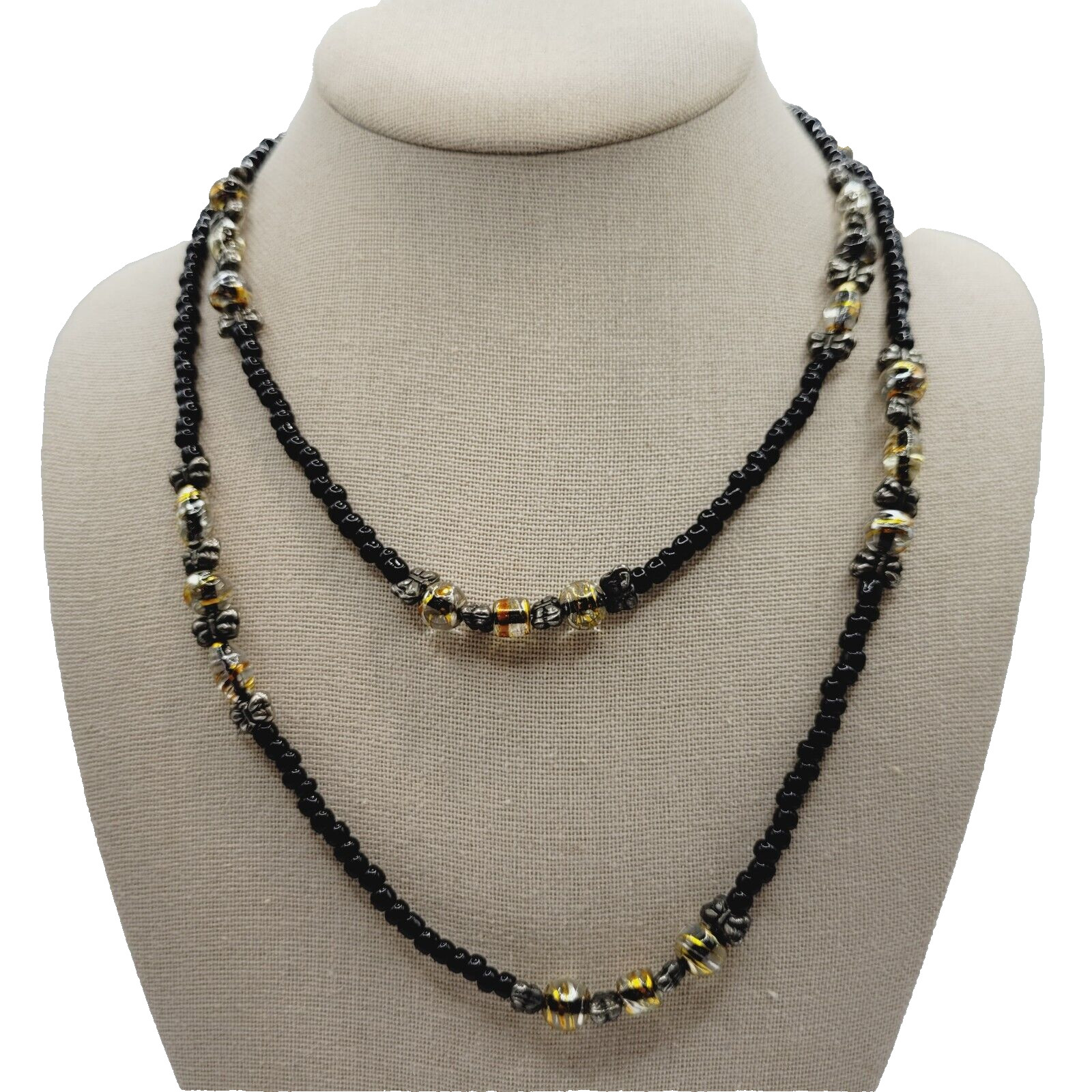 Handcrafted Art Glass Splatter Bead w Black Silver Tone ID Badge Holder Necklace