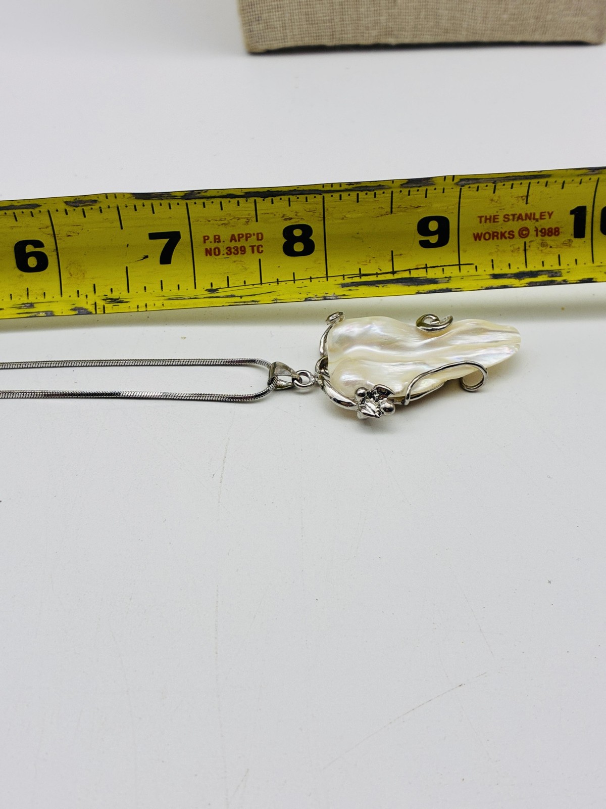 Artisan Mother Of Pearl Pendant Necklace Silver Tone Snake Chain