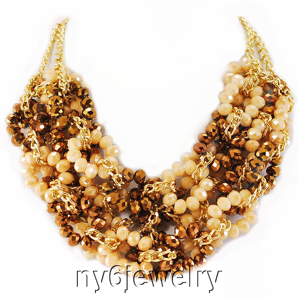 Nude, Bronze & Gold Tone Crystal Necklace w/Gold Tone Clasp & Chain 19-21″