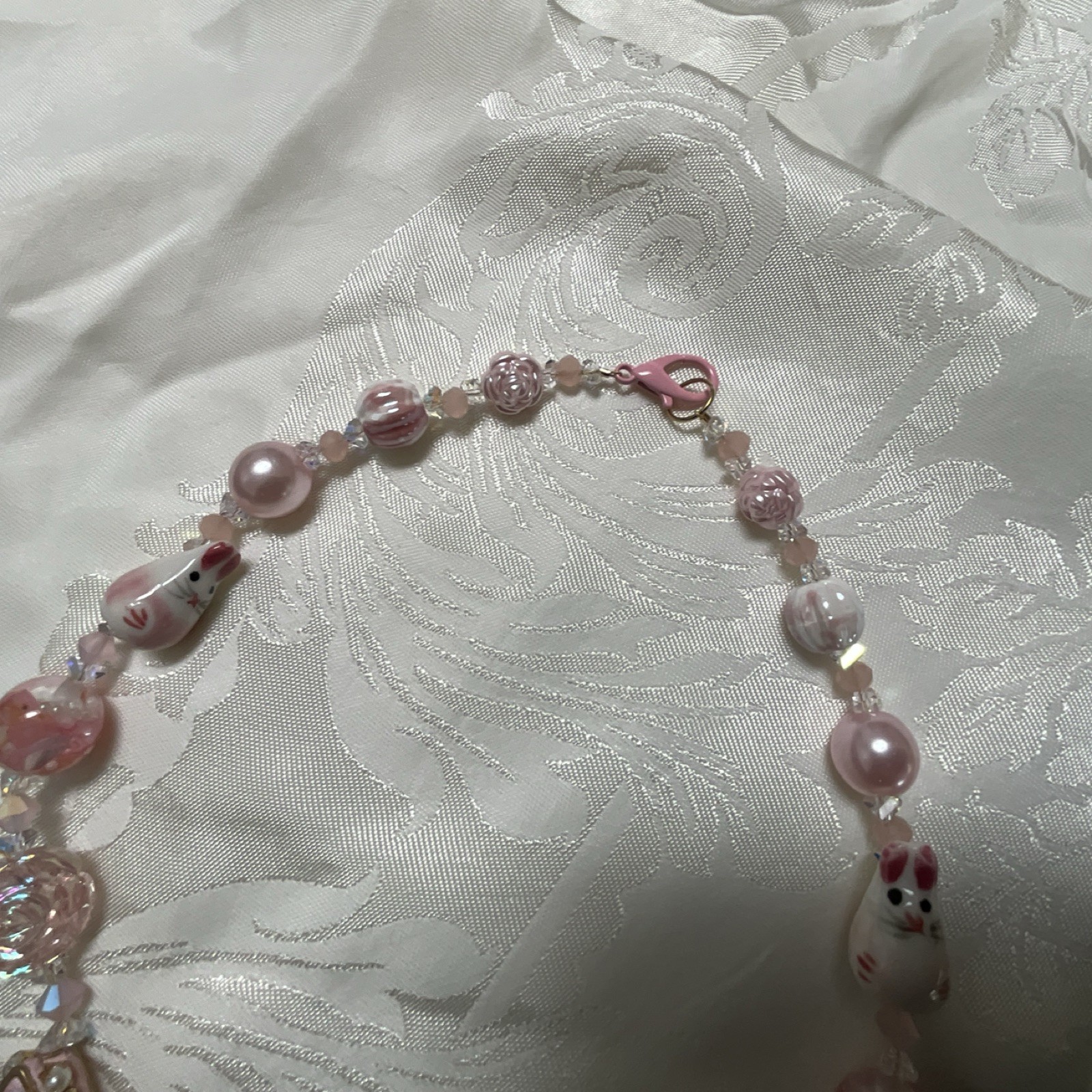 Pink Glass Beaded Charm Necklace with Animal Accents for Women