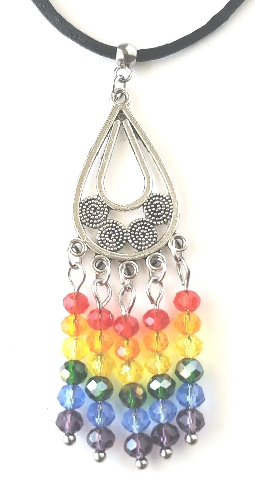 RAINBOW Glass Bead Fringe Teardrop PENDANT NECKLACE 33″(+2″) Satin Cord *Pride*