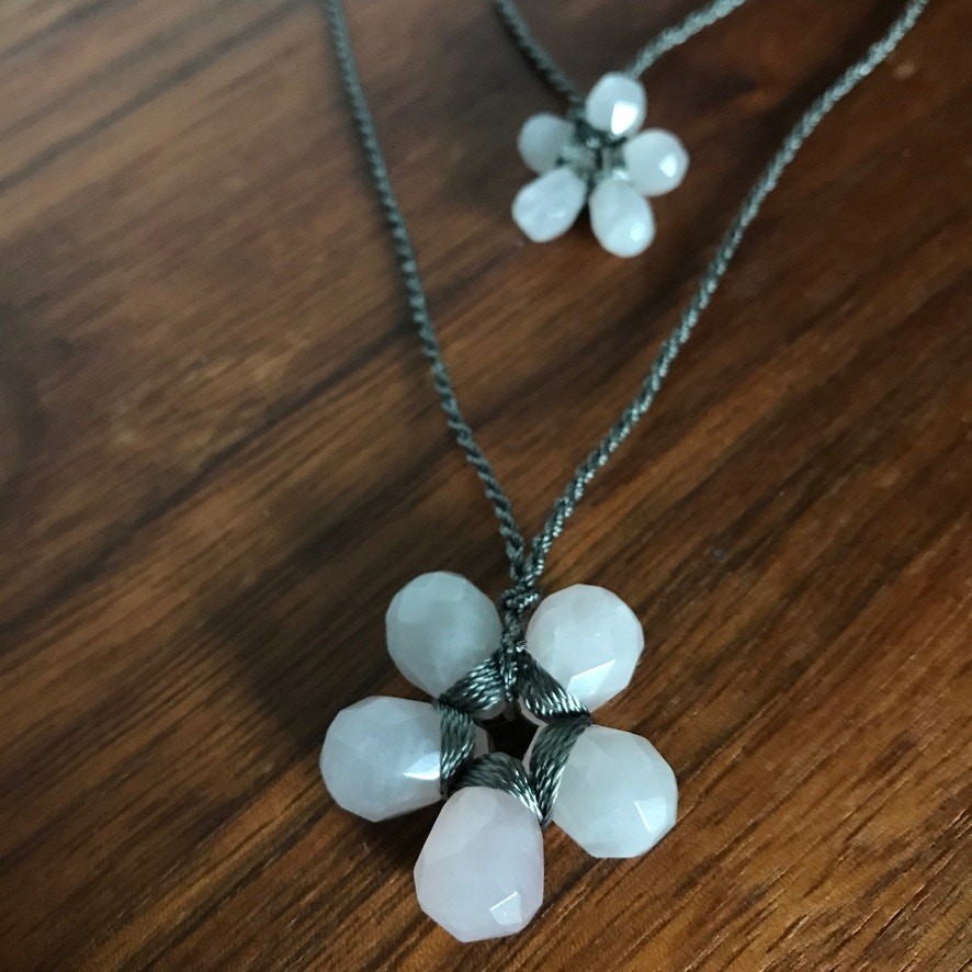 Artisan semiprecious rose quartz flower double-layer necklace, gray cord