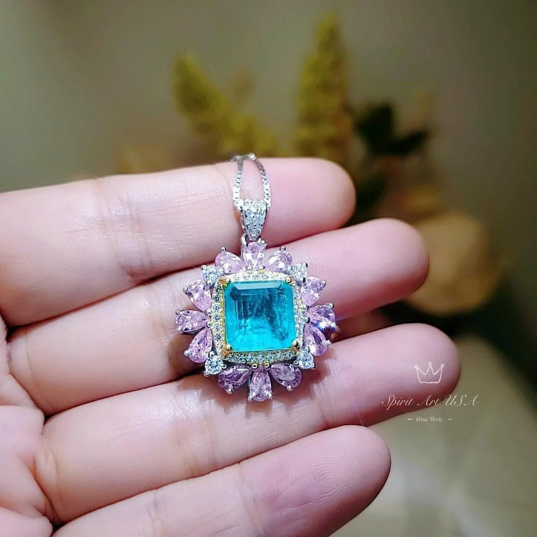 Large Square Paraiba Necklace Pink Topaz Sim Gemstone Pendant White Gold coated