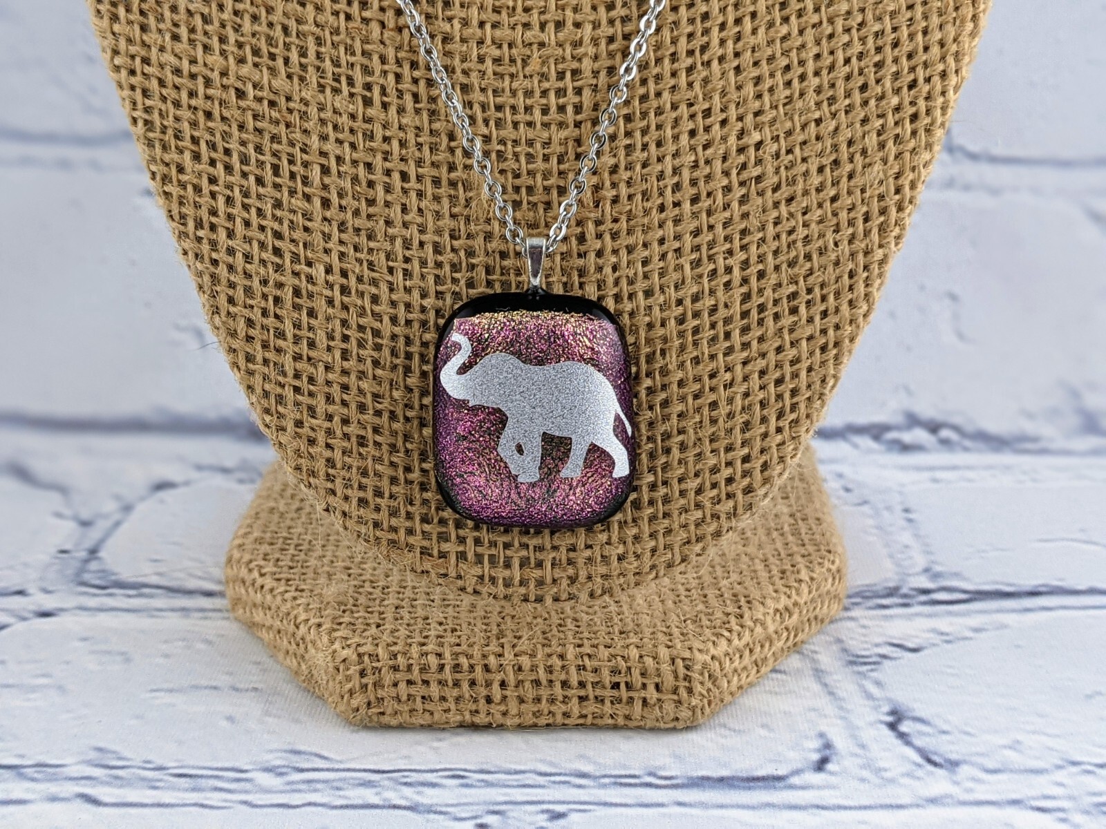 Silver Elephant Pendant Chain Necklace Made With Sparkling Pink Dichroic Glass