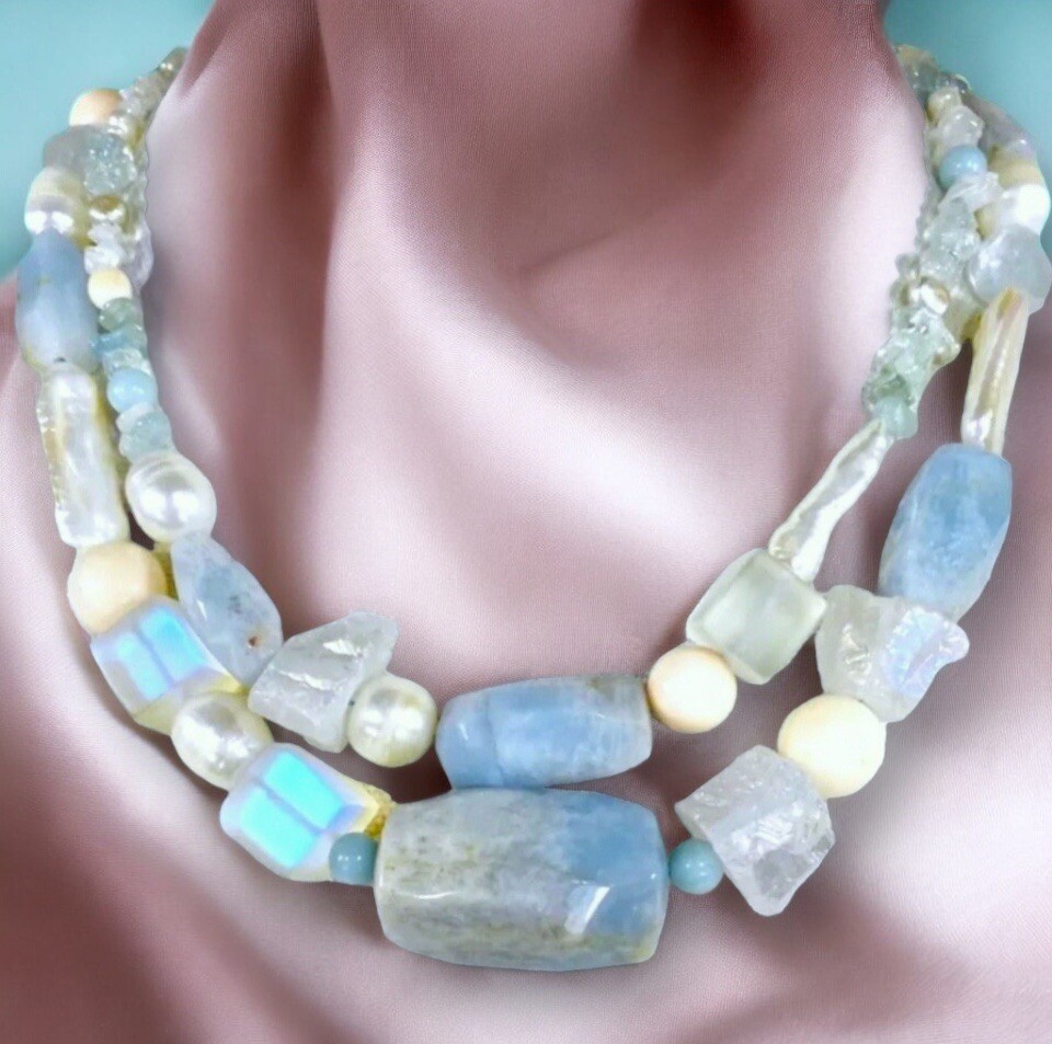 Artisan 2 Strand Necklace, Raw Aquamarine, Pearl, Quartz & Angel Skin Coral