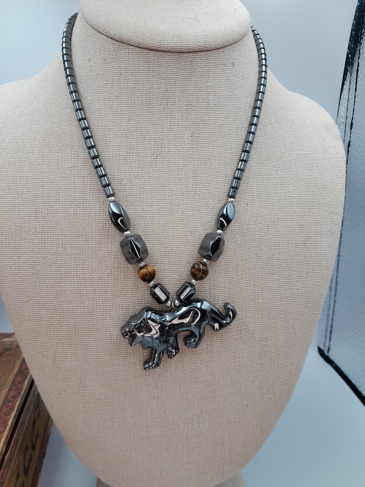 Carved Hematite & Tigers Eye Necklace Artisan 1980s – Buy 3 Ship Free!