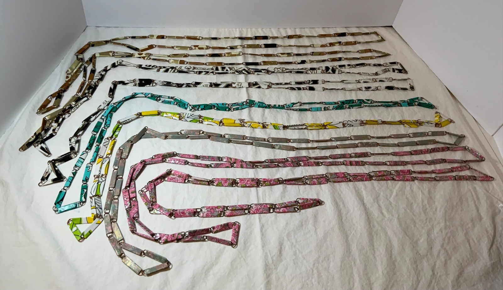 Handmade 30” Paper Clip Necklaces Lot (9) 6 Patterns of Paper Wrap BOHO