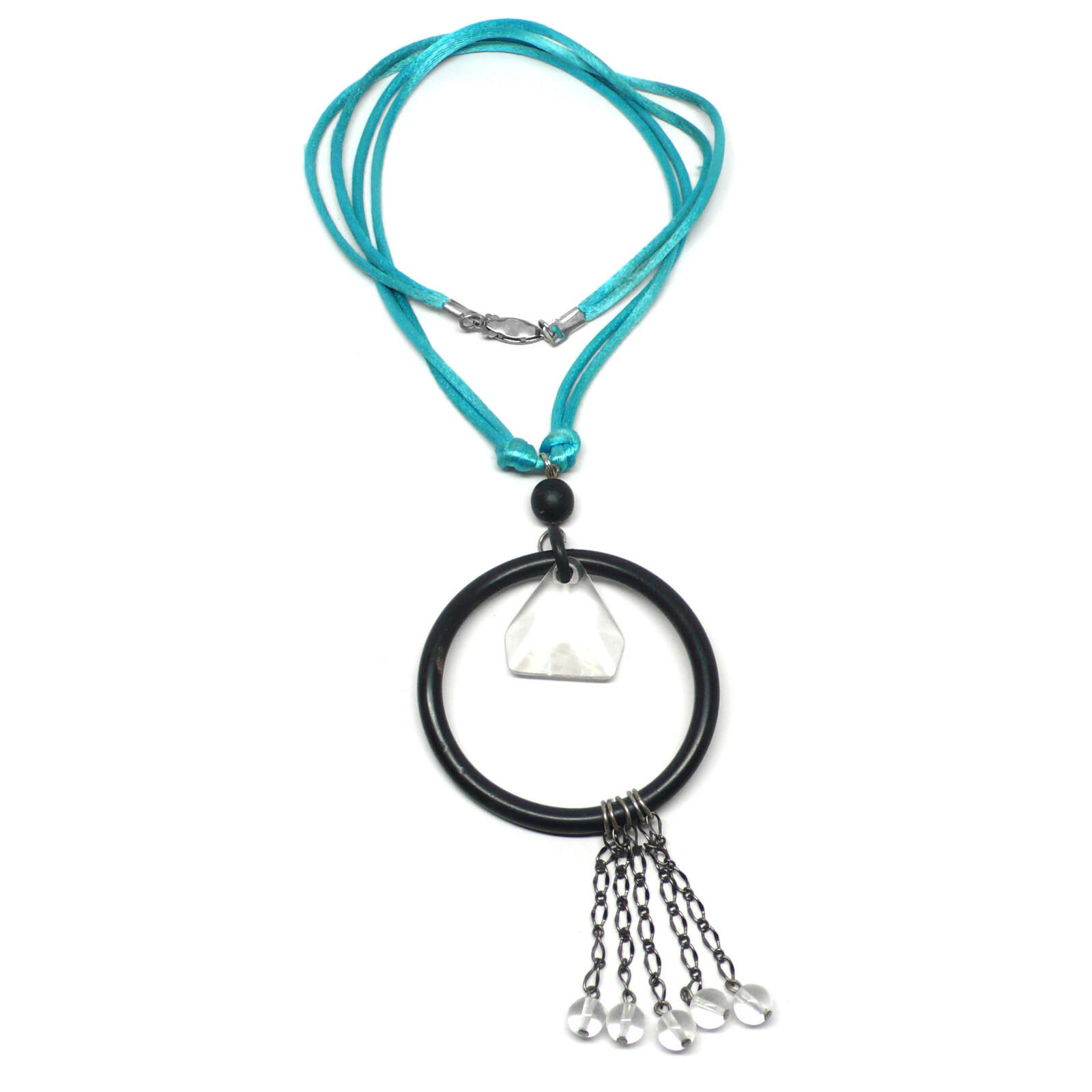 Vintage 1980s Black Rubber Ring Turquoise-Color Cord OOAK Necklace