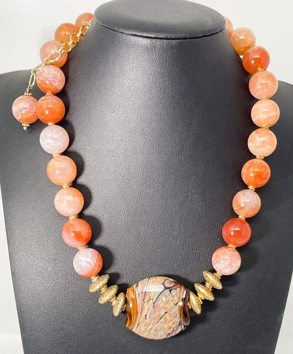 10K Yellow Gold Chunky Peach Carnelian & Picante Agate Stones Chocker, Vintage