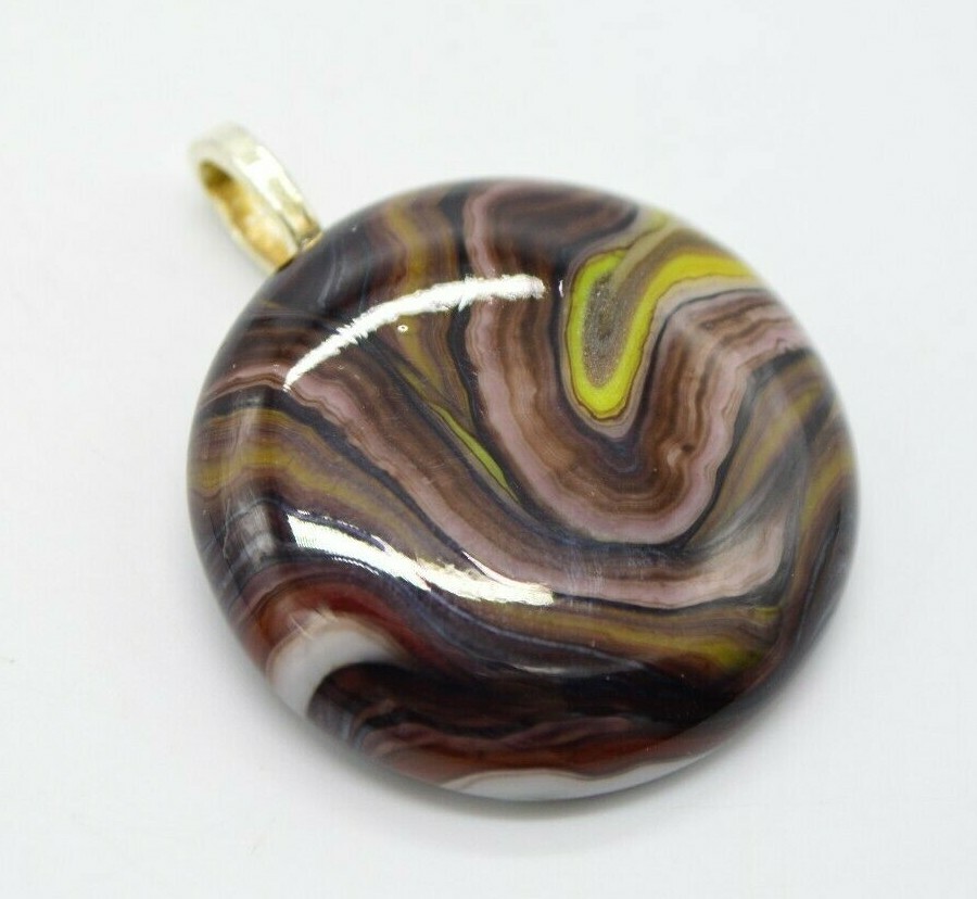 Brown Yellow White Swirl Flattened Glass Jabo Marble Necklace (C)